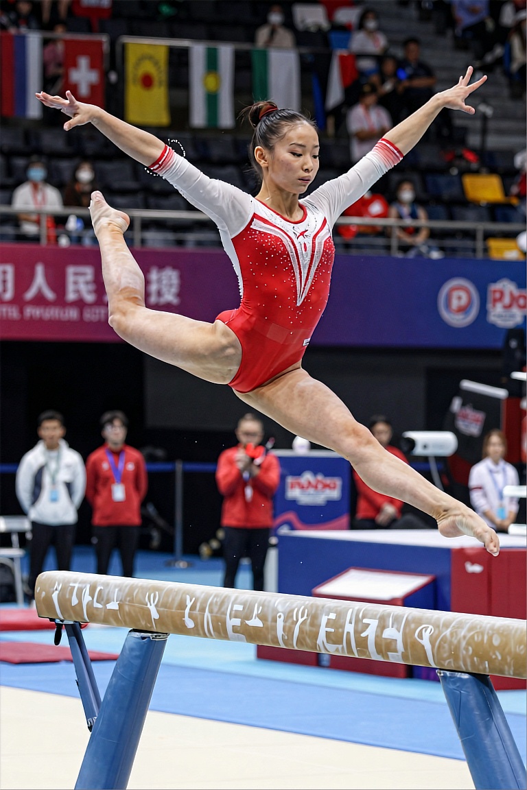A female gymnast in a vibrant red leotard with elegant white accents leaps mid-air on the balance beam,  muscles taut,  ar...