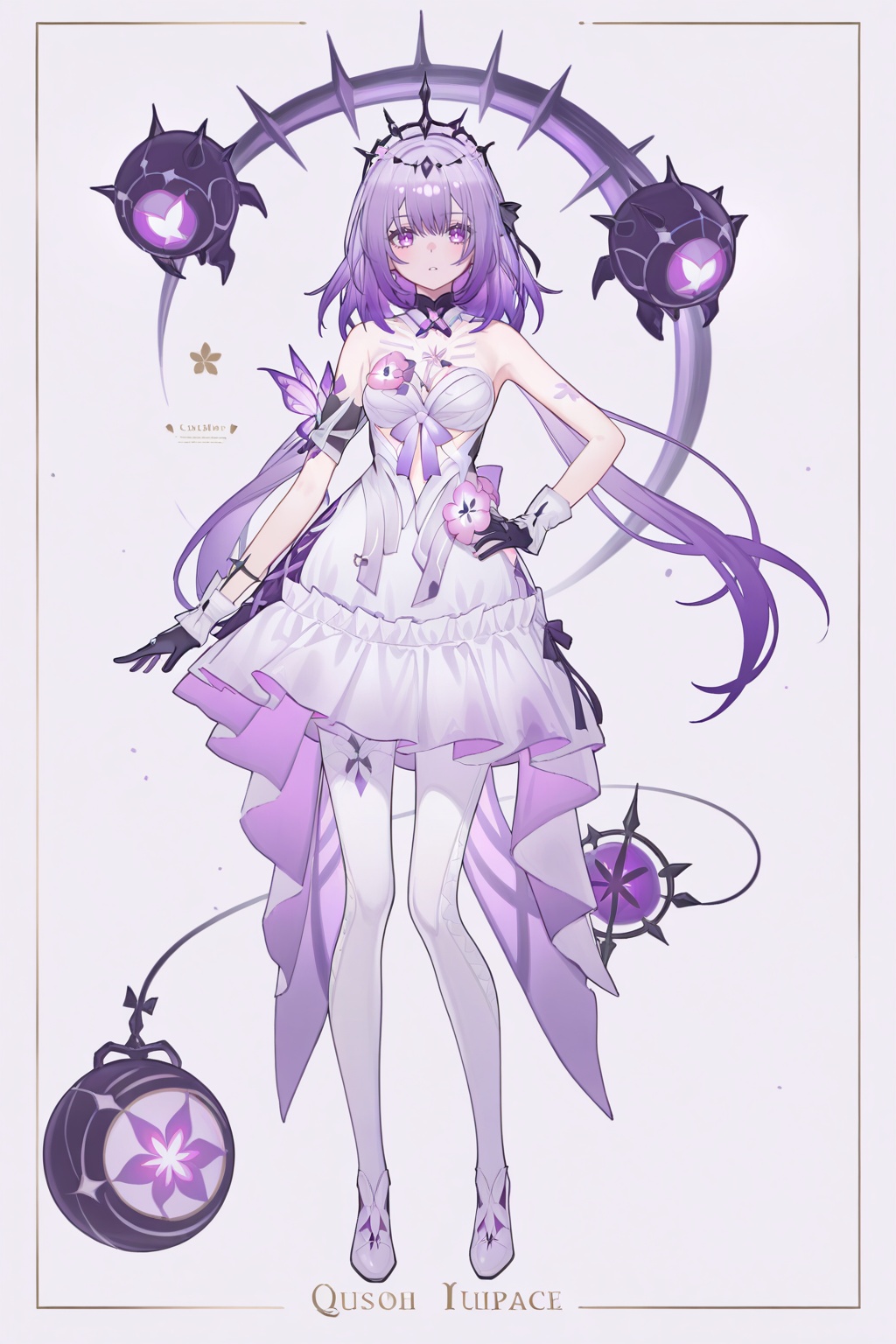 8k,best quality,masterpiece,(ultra-detailed),(high detailed skin),safe_pos,masterpiece,absurdres,newest,iumu,shinanoya \(satanicad\),jima,(whitebc:0.75),reoen,(healthyman:0.5),yoshinari you,full body,full shot,standing,looking at viewer,(solo:1.2),hand on own hip,<lora:cardstyle-gnoob-Tanger-000013:0.8>,cardstyle,border,tarot,<lora:Castorice-IL-Tanger-000014:0.8>,Castorice \(honkai: star rail\),clothes: Castorice  def  white dress,black tiara,1girl,purple eyes,purple hair,bangs,black gloves,white pantyhose,A full-body portrait of a young girl,standing gracefully,pastel art style,high-key lighting,shoujo manga influence,hd quality,delicate details,