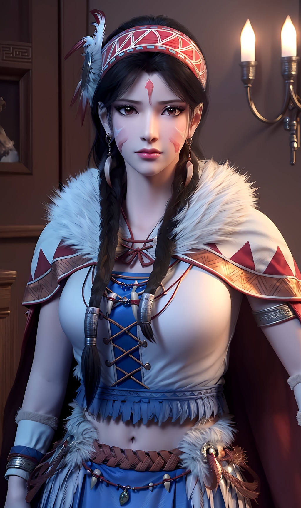 3D,masterpiece,(best quality),(makeup),official art, extremely detailed cg 8k wallpaper,((crystalstexture skin)), (extremely delicate and beautiful),(highly detailed),(face),(twin_braids),(headdress),(feather_hair_ornament),(headband),(facial_mark),(feather_trim),(1girl), (solo), (jewelry), (earrings),(black_hair),(long_hair),(hair_ornament),(handwear),(breasts),(standing),((upper_body)),(closed_mouth),(skirt),(chinese_clothes),(dress),,(multicolored_clothes),(multicolored_dress),(shiny_clothes),(city,indoor,bed),(wristband),(navel),(fur),(fur-trimmed_cape),(cloak),,((looking_at_viewer)),((Facing the camera)),, <lora:hipoly3DModelLora_v10:0.3>