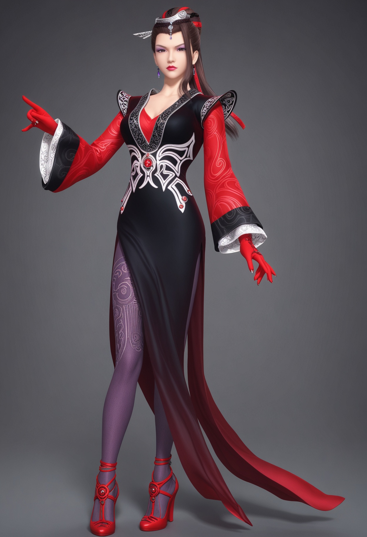 perfect_anatomy,(score_9:1.1),(full_body:1.1),looking_at_viewer,<lora:YQ_pony_dashiming_V4:0.8>,q1528437228,solo,1girl,brown hair,jewelry,earrings,long hair,makeup,hair ornament,brown eyes,chinese clothes,gloves,dress,long sleeves,ponytail,lipstick,breasts,black hair,eyeshadow,red gloves,pantyhose,cleavage,wide sleeves,ribbon,hat,hair ribbon,perfect_anatomy BREAK (perfect_anatomy:1.1),mature female,(simple background,pure black background,black background:1.1),(shiny_skin),(Ivory_skin:1.1),(cinematic lighting),