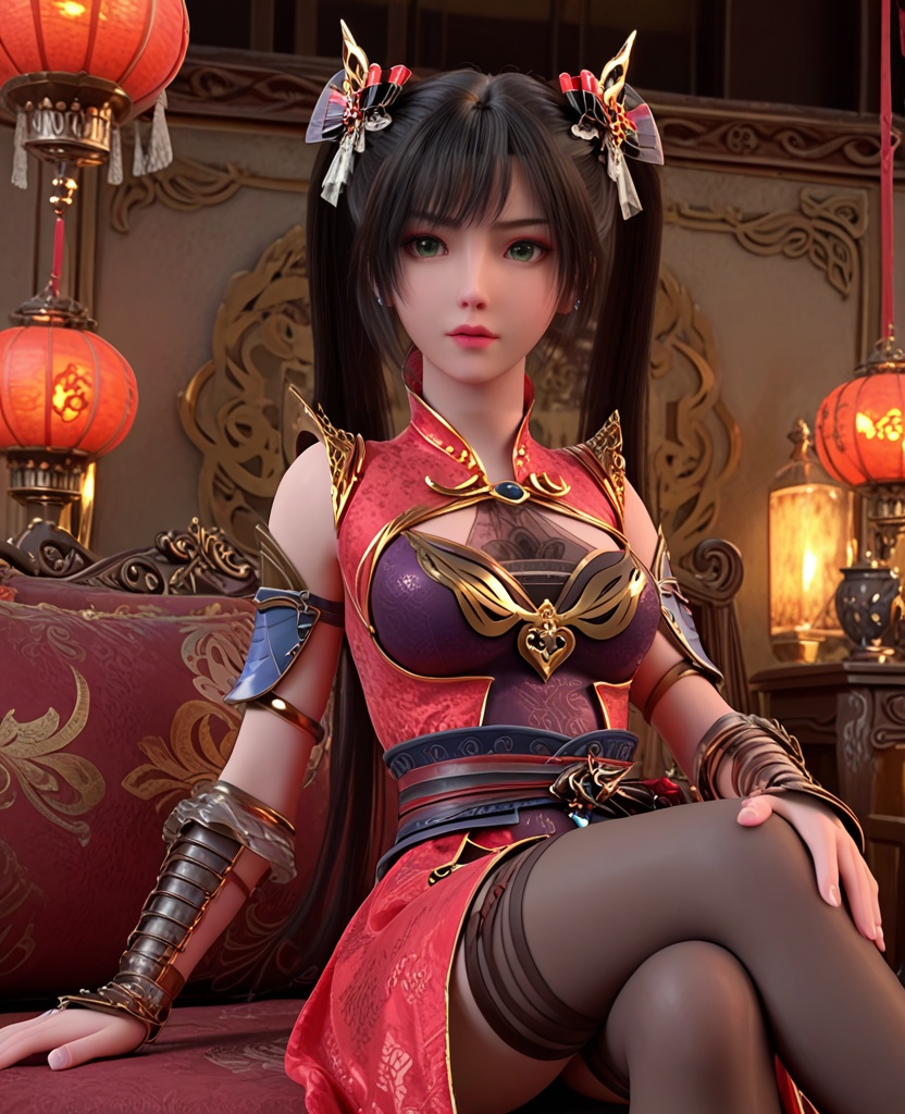 (oriental architecture, elegant decor, sophisticated style:1.1),(Sitting on the edge of a chair:1.1),(breasts:1.2),<lora:XL神墓楚钰黑丝:0.95>,miss chuyu,red outer robe,purple minidress,sash,green eyes,black hair,twintails,long hair,black thighhighs,bangs,earrings,jewelry,vambraces,bracer,, score_9,score_8_up,score_7_up,score_6_up,score_5_up,score_4_up,3d rendering,tag1,tag2, Cinematic Lighting,backlighting,