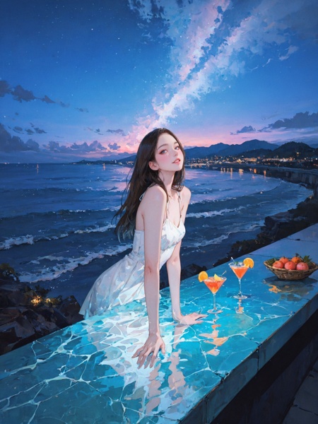 masterpiece, very awa, very aesthetic, newest,best quality, amazing quality, delicate,minimalism, ethereal atmosphere, nostalgic, tropical motif,dynamic angle, dynamic pose, detailed background, night, natural scenery, half cloudy summer sky, caustics, crack of light, outdoor bar, counter, fruit cocktail,summer minidress,a girl, gorgeous girl, detailed face,sleek long hair, straight hair,looking at viewer, biting lips,real life location, real life