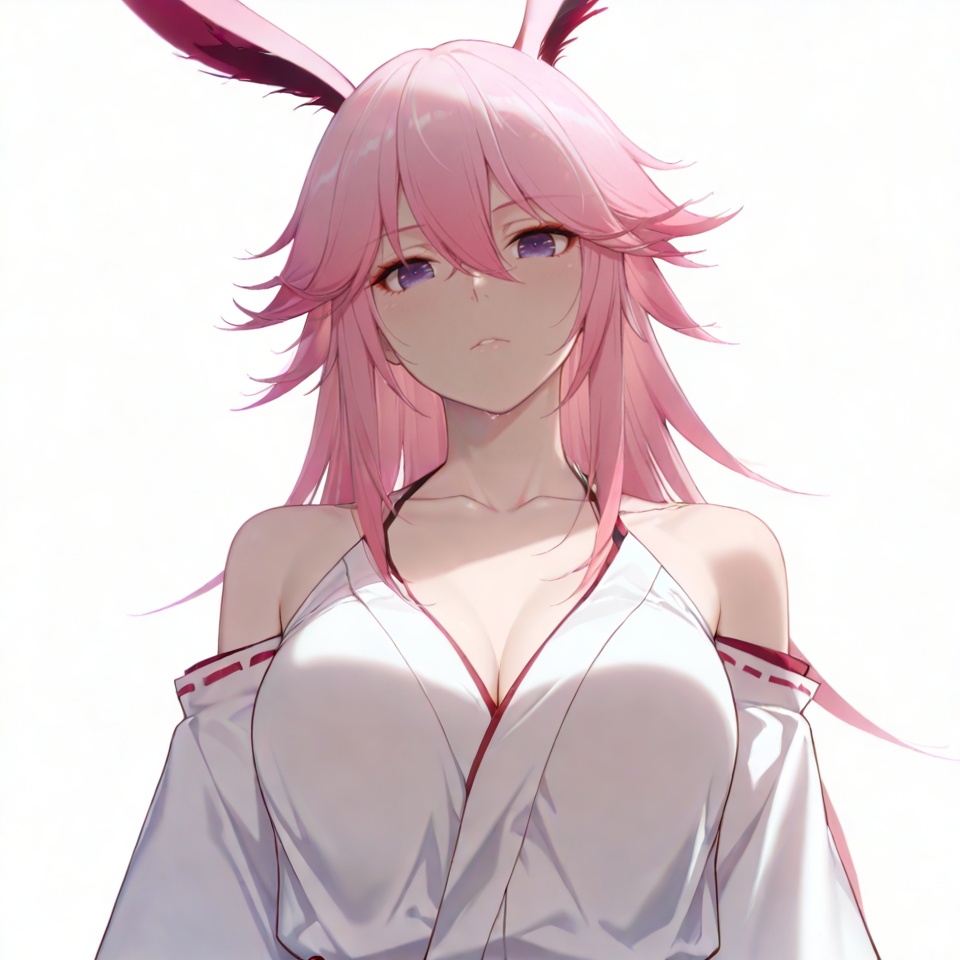 masterpiece, best quality,(white background:1.2),looking at viewer,SOLO,simple background  game_cg_style,yae sakura,hair between eyes,bangs,animal ears,purple eyes,pink hair,long hair,fox ears,breasts,<lora:八重樱-ILL:0.8>
