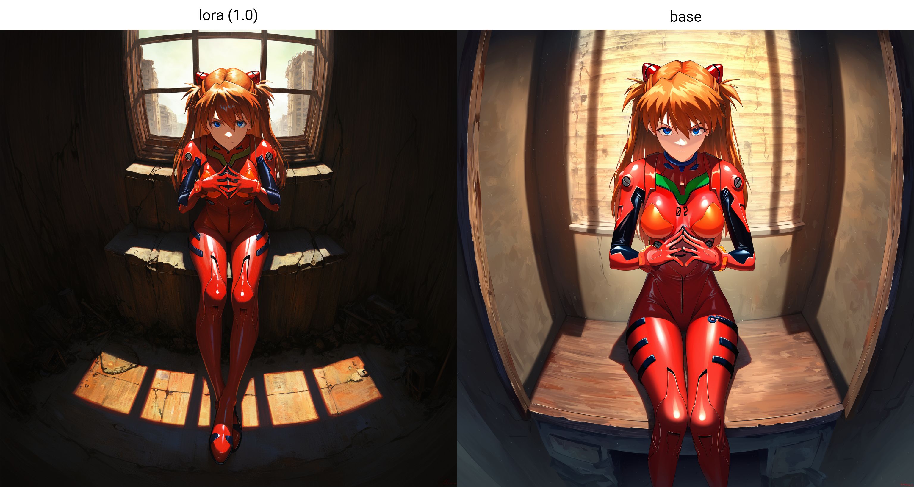 masterpiece, best quality, absurdres, oil painting medium, chiaroscuro,   asuka langley, plugsuit, sitting, steepled fingers, looking at viewer, sideways glance, window shadow, fisheye, ruins