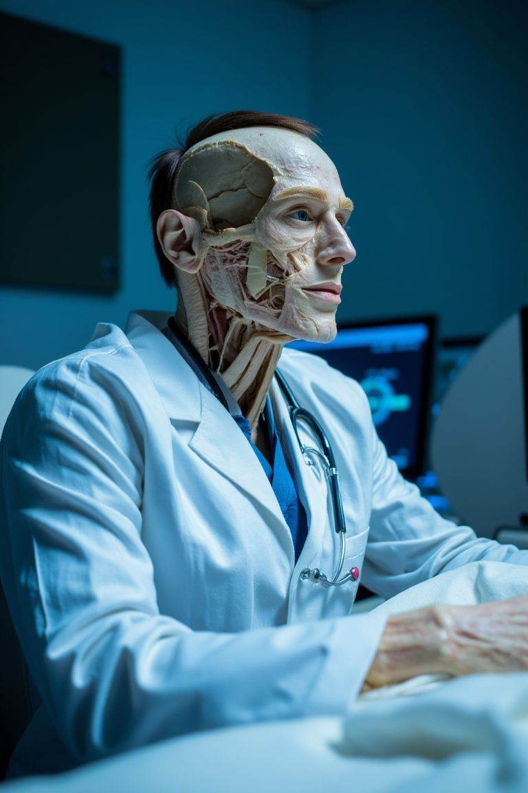 photograph of a plastinate as a doctor enjoying his stay at the hospital. lighting is cool and diffuse. on Tensor.Art
