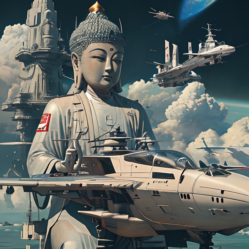 Sakyamuni,A tall portrait,guangzy,cloud,aircraft,sky,military,airplane,day,military vehicle,no humans,science fiction,scenery,spacecraft,watercraft,armor,<lora:jinlong_20240210181031:0.8>, masterpiece, best quality,