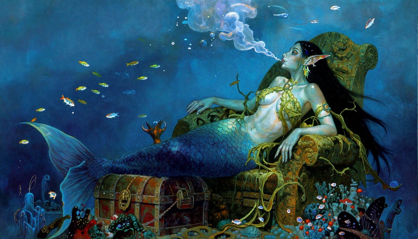 Underwater,  a Simic merfolk with iridescent scales and webbed fingers lounges on a coral throne,  her heavy mermaid tail...