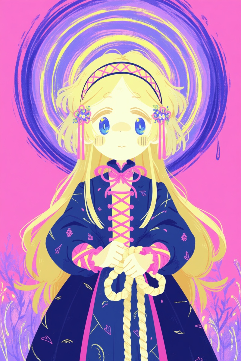 @jsslnst,  The image depicts a young girl with long blonde hair standing against a pink and purple background. She has lar...