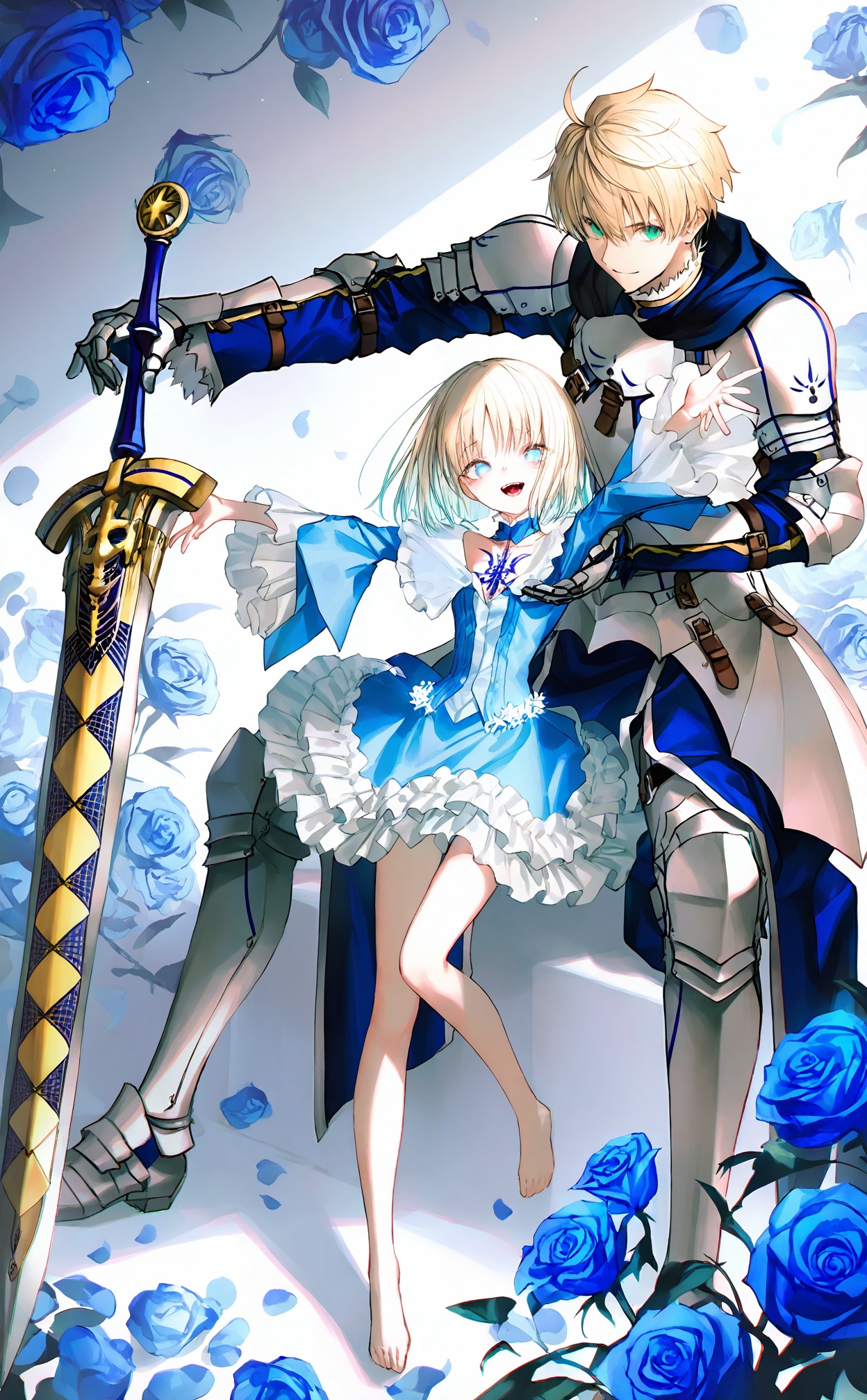 masterpiece,highres,absurdres,newest,best quality,loli,petite,high quality,chromatic_aberration,//,sajou_manaka,arthur_pendragon_\(fate\),blonde_hair,1girl,dress,1boy,weapon,armor,sword,flower,green_eyes,blue_dress,barefoot,looking_at_viewer,smile,blue_flower,short_hair,pauldrons,blue_rose,rose,gauntlets,blue_eyes,open_mouth,shoulder_armor,frills,artoria_pendragon_\(fate\),//,(rhasta:0.9),Artist:na-ga,(kiwi500g:1.1),[yoggi_(stretchmen)],(quasarcake:0.2),(wanke:0.9),(iumu:0.72),(toosaka asagi:0.4),(Artist:chen bin:0.9),//,<lora:sajou_manaka——【noob】hans:1>,