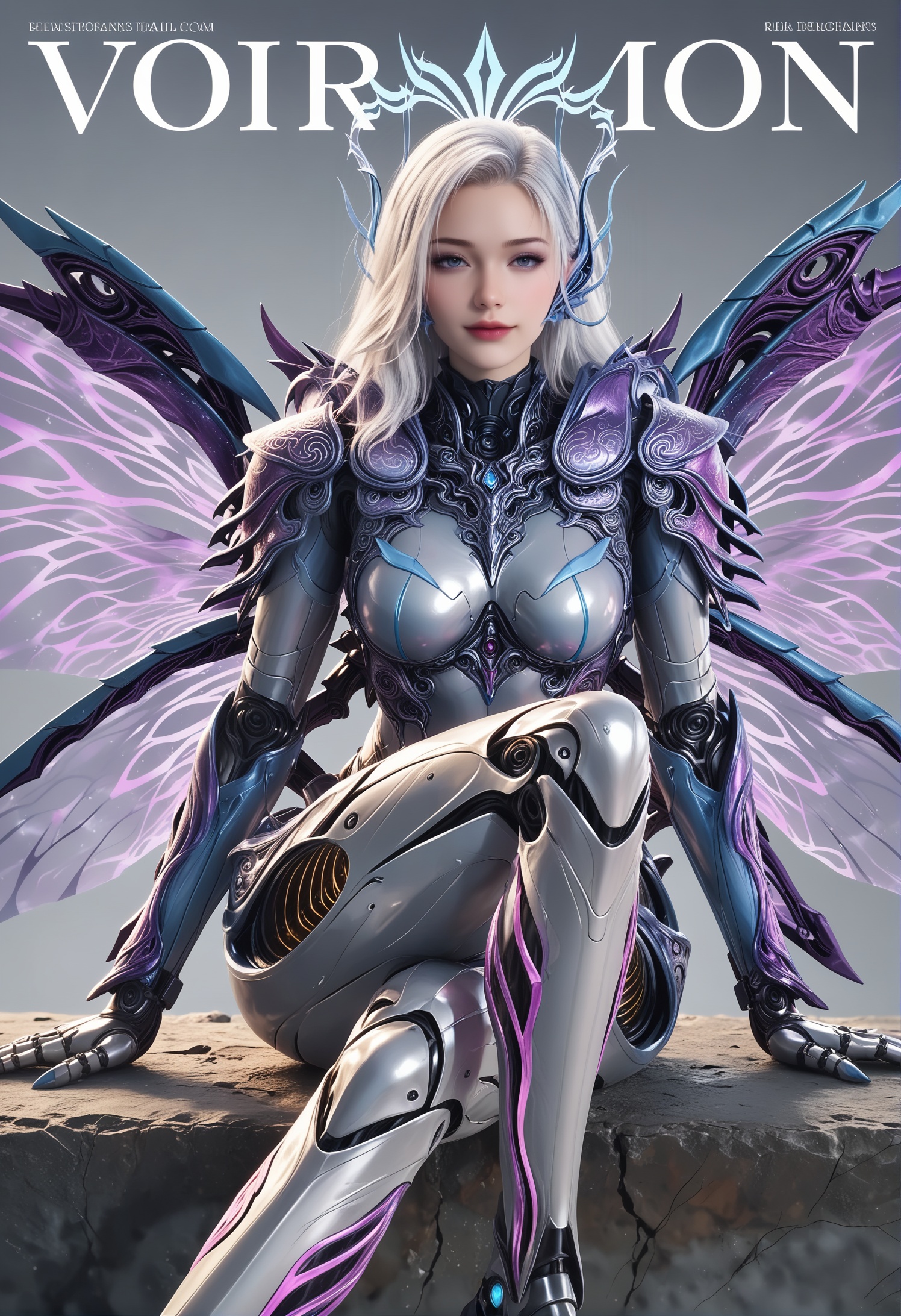 score_9,score_8_up,score_7_up,1girl,solo,sitting,(crossed_legs:1.3),(long_legs:1.1),1girl,solo,realistic,armor,bodysuit,shoulder armor,wings,mechanical wings,purple wings,mechanical arms,insect wings,detached wings,butterfly wings,blue wings,1girl,solo,realistic,halo,mechanical halo,head fins,glowing wings,energy wings,1girl,solo,realistic,(mature face:1.2),(grey skin:1.1),long face,slender face,long hair,white hair,purple eyes,blue eyes,facial mark,eyelashes,makeup,eyeshadow,purple eyeshadow,lips,lipstick,purple lips,black lips,blue lips,closed mouth,realistic,(grey_background:1.5),solid background,(gradient_background:1.1),(magazine cover theme:0.85),transparent_background,simple background,depth of field,<lora:小巳-南惩pony:0.85>,