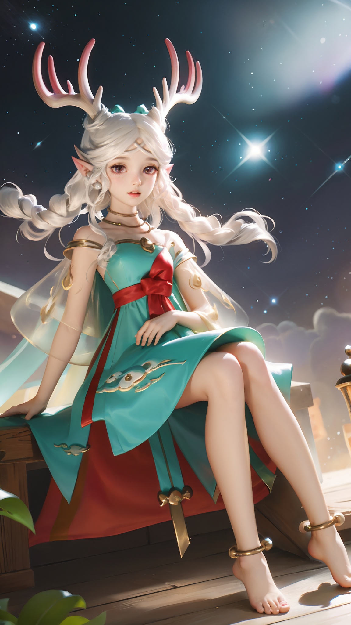 1girl,solo,antlers,pointy ears,white hair,dress,jewelry,anklet,long hair,looking at viewer,capelet,bow,<lora:瑶妹:0.75>,scenery,starry_sky,stars,sky,see-through,barefoot,sitting,