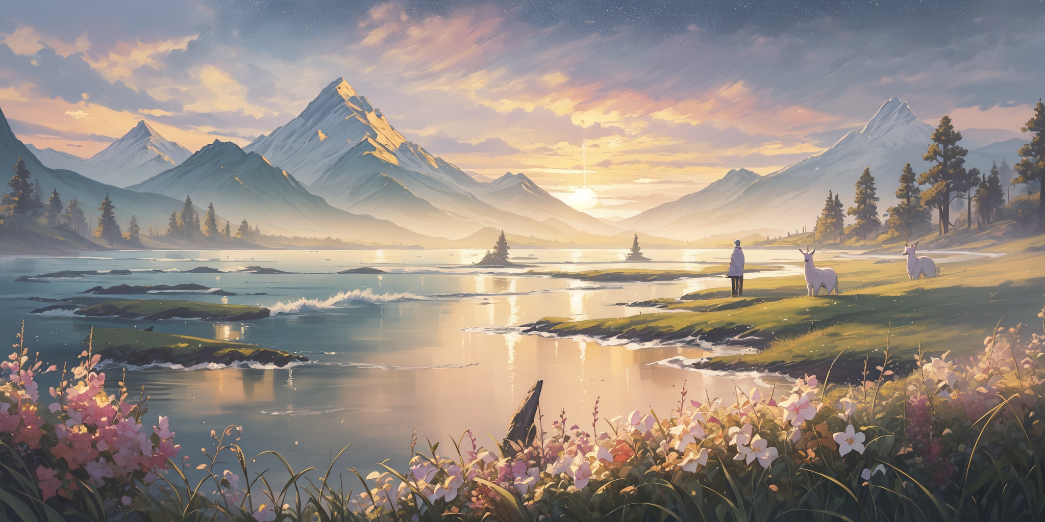 scenery,outdoors,light particles,beautiful detailed sky,beautiful detailed glow,best shadow,panorama,(Marshland, Sunrise, Birds, Water, Reeds, Reflection, Serenity, Colors:1.3),(Mountain pass, Moonrise, Night sky, Silhouettes, Serenity, Wilderness:1.2),(Wildflowers, Meadow grass, Mountain peaks, Morning mist, Dawn light, Alpine breeze:1.1),(masterpiece, best quality, beautiful and aesthetic:1.3),extremely detailed CG,ultra-detailed,beautiful concept illustration,illustration,extremely fine and beautiful,perfect details,<lora:YOUHUA-000018:1>,oil painting \(medium\),