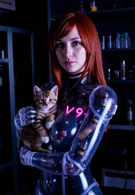 ******* photo, low-lit, overexposure, shot on a mobile phone, nighttime, noticeable noise in dark areas, a portrait of a very beautiful cyborg made of transparent glossy glass skin surrounded with glowing nixie tubes inside. "V9" is written in Nixie Tubes on her armor plate, she is holding a cute kitten to her breast, red hair, epic, dynamic pose, best lighting, the background is a dark science lab