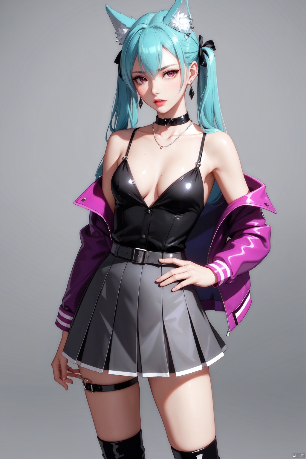 Realistic style, cinematic work, 8K wallpaper, masterpiece, very realistic quality, best quality, masterpiece, high-level, high-resolution,,,Edge lighting, dual tone lighting, soft lighting, The illuminated surface of the material has bright spots and highlights, which flicker and have a mirror effect when reflected, There are sparkling spots on the armor,,,1 girl, mature female, solo, full body, looking at viewer, lace, strong rim light, Standard proportion of female body, golden proportion of female body,,,Standing, standing posture, Sexy full body standing posture,,,,(qingye, 1girl, animal ears, tail, long hair, extra ears, blue hair, brown eyes, wolf ears, aqua hair, twintails, wolf tail, bangs, earrings, hair ribbon,pleated skirt, jacket, thigh strap, white skirt, cleavage, shirt, collar, medium breasts, collarbone, open jacket, black footwear, open clothes, boots, tongue, skirt, breasts, black shirt, jewelry, choker, small breasts, miniskirt, ribbon, belt, bell, rudder footwear, black collar, purple jacket, buckle, black ribbon, black choker,:1.2),,bare shoulders, off shoulder, black hairband, bikini bottom only, short dress, swimsuit, pleated dress, bikini, floating hair, blush, ass visible through thighs, skirt,White high-heeled shoes,:1.2),,,colorful,(detailed skin: 1.3), (detailed face: 1.3),clear focus,delicate,(mature women: 1.2),(glossy skin+glossy skin: 1.4),(sweating: 1.1),(big_eyes),red_ eyeshadow,long_ Eyelashes, red lips,,,simple background, grey background,,,(Diamond hair accessories, diamond necklaces, diamond earrings, diamond earrings, clothes embedded with diamonds, armor embedded with diamonds,:1.3), qingye<lora:EMS-326229-EMS:0.300000>
