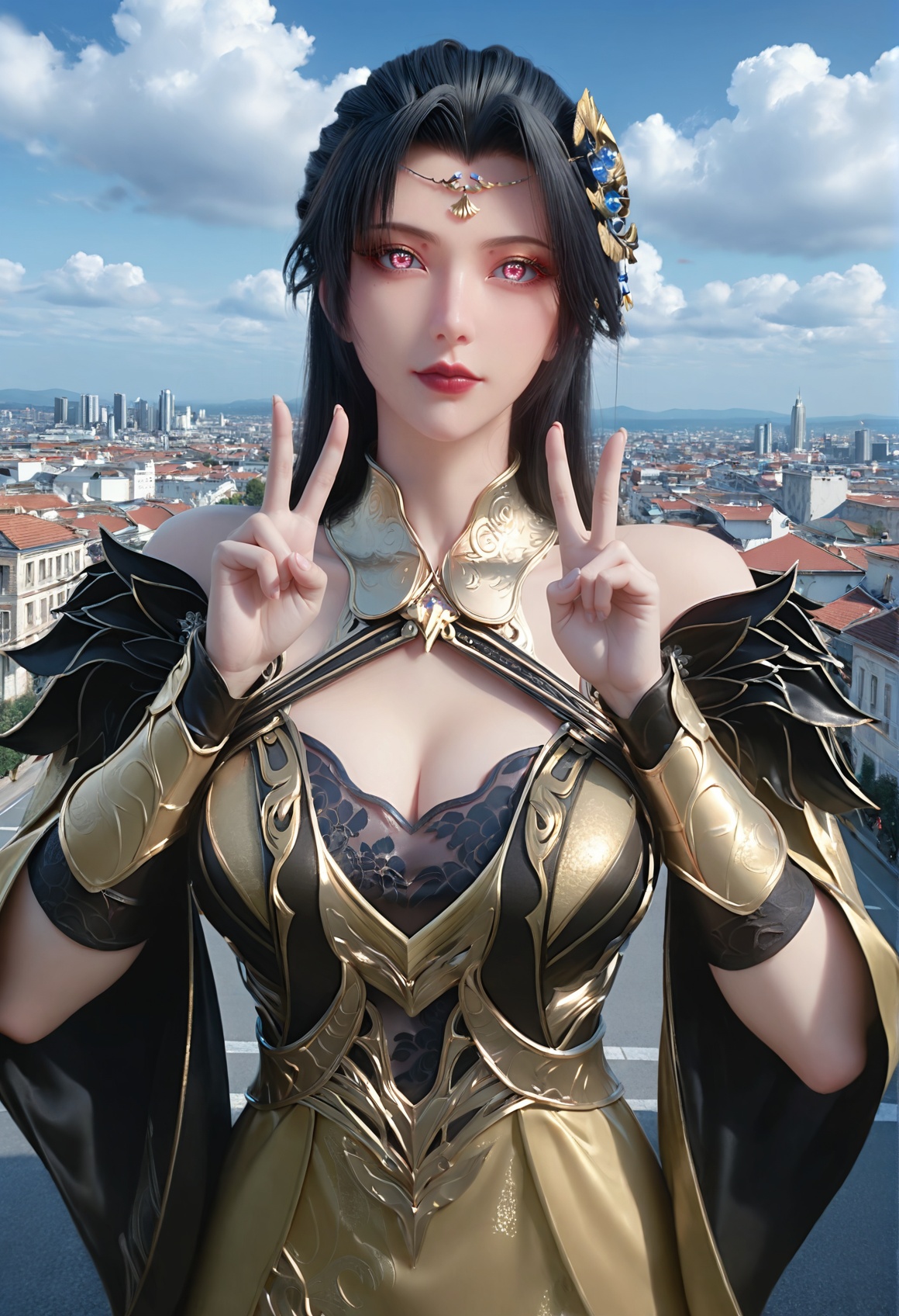 (score_9),<lora:柳如烟-Apony:0.83>,lry,(mature_female),solo,long hair,hair ornament,black hair,mole under eye,detached collar,forehead jewelry,wrist guards,dress,sleeve,<lora:perfect eyes_v1:0.68>,bright pupils,upper body,looking at viewer,front view,double v,light blush,<lora:Expressive_H-000001:0.8>,(glamor:1.2),curvy,collarbone,pointy breasts,puffy breasts,large breasts,narrow waist,outdoors,street,blue sky,blur background,building,city,cloud,cloudy sky,day,depth of field,