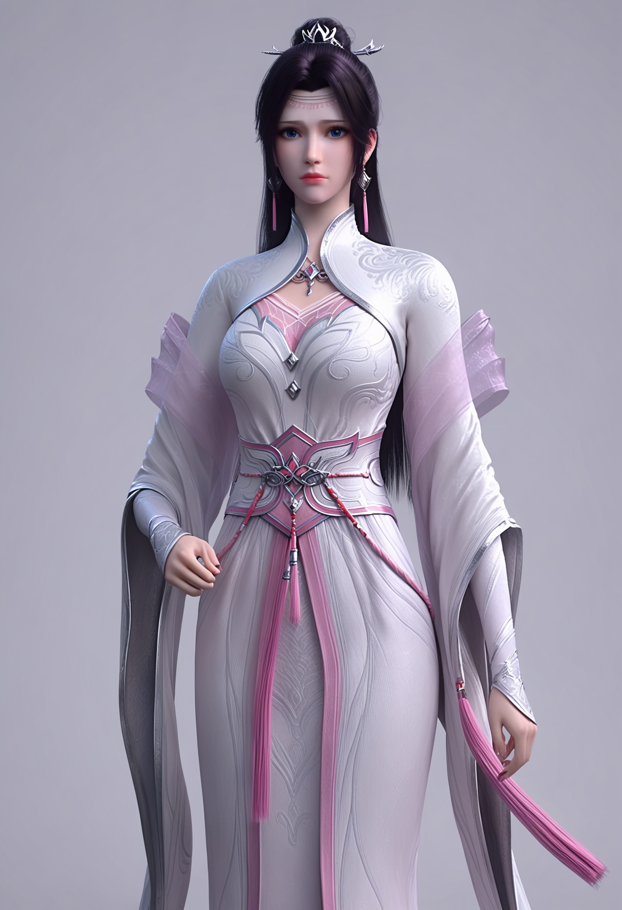 score_9,high detail,best quality,shiny skin,shiny,yunyunhz,1girl,solo,blue eyes,long hair,black hair,white background,dress,jewelry,earrings,chinese clothes,simple background,closed mouth,realistic,hair ornament,white dress,expressionless,hair bun,tassel,long sleeves,looking at viewer,thighs,<lora:QQSponyyunyunhzV1:0.8>,<lora:Pony_DetailV2.0:0.8>,<lora:皮肤凹痕:0.1>,
