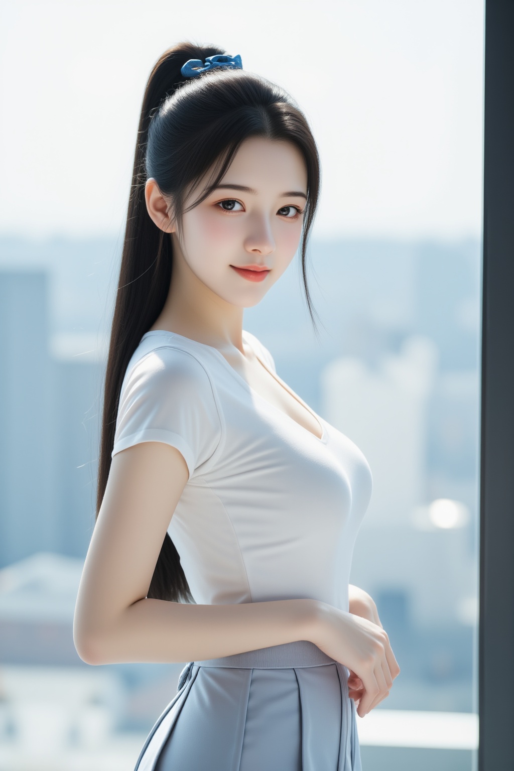 It was a picture of a young woman with a smiling face and fair skin, and her long straight black hair tied into a high ponytail with a blue ribbon. She was petite with large breasts and wore a fitted white short-sleeved top and a high-waisted pleated skirt. She kept her makeup minimal, highlighting her natural beauty. She stood in front of a large window, with a view of the city with tall buildings outside. The room was brightly lit, as if it were daytime.