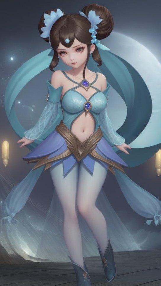 (1girl),smooth chin,masterpiece,detailed face,((hair ornament)),top quality,4k,make up,best quality,medium breasts,(looking at viewer),long legs,double bun,jewelry hair,dress,detached sleeves,ribbon,shawl,light blue skirt,puffy pants,hair rings,hair flower,(wariza),(arms behind back),bangs,jewelry on bangs,<lora:王者小乔青蛇SD_v1.0:0.6>,