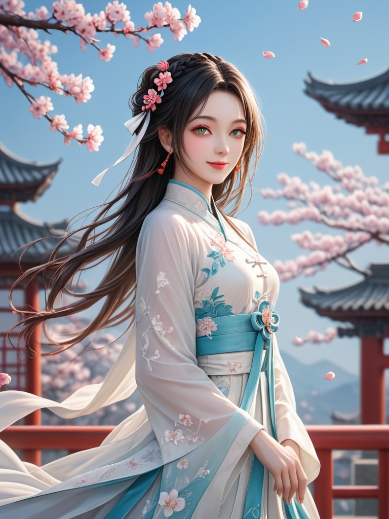 1girl,black_hair,blue_sky,blurry,blurry_background,branch,cherry_blossoms,chinese_clothes,day,depth_of_field,flower,hanami,hanfu,lips,long_hair,full body,hanfu,flower,green eyes,,blonde hair,braid,dress,white dress,ahoge,hair intakes,ribbon,closed mouth,white flower,realistic,lips,french braid,from side,sidelocks,white bow,hair bow,bow,white ribbonlong_sleeves,looking_at_viewer,outdoors,petals,pink_flower,pink_theme,plum_blossoms,realistic,smile,solo,spring_\(season\),standing,tree,wide_sleeves,, masterpiece, best quality,