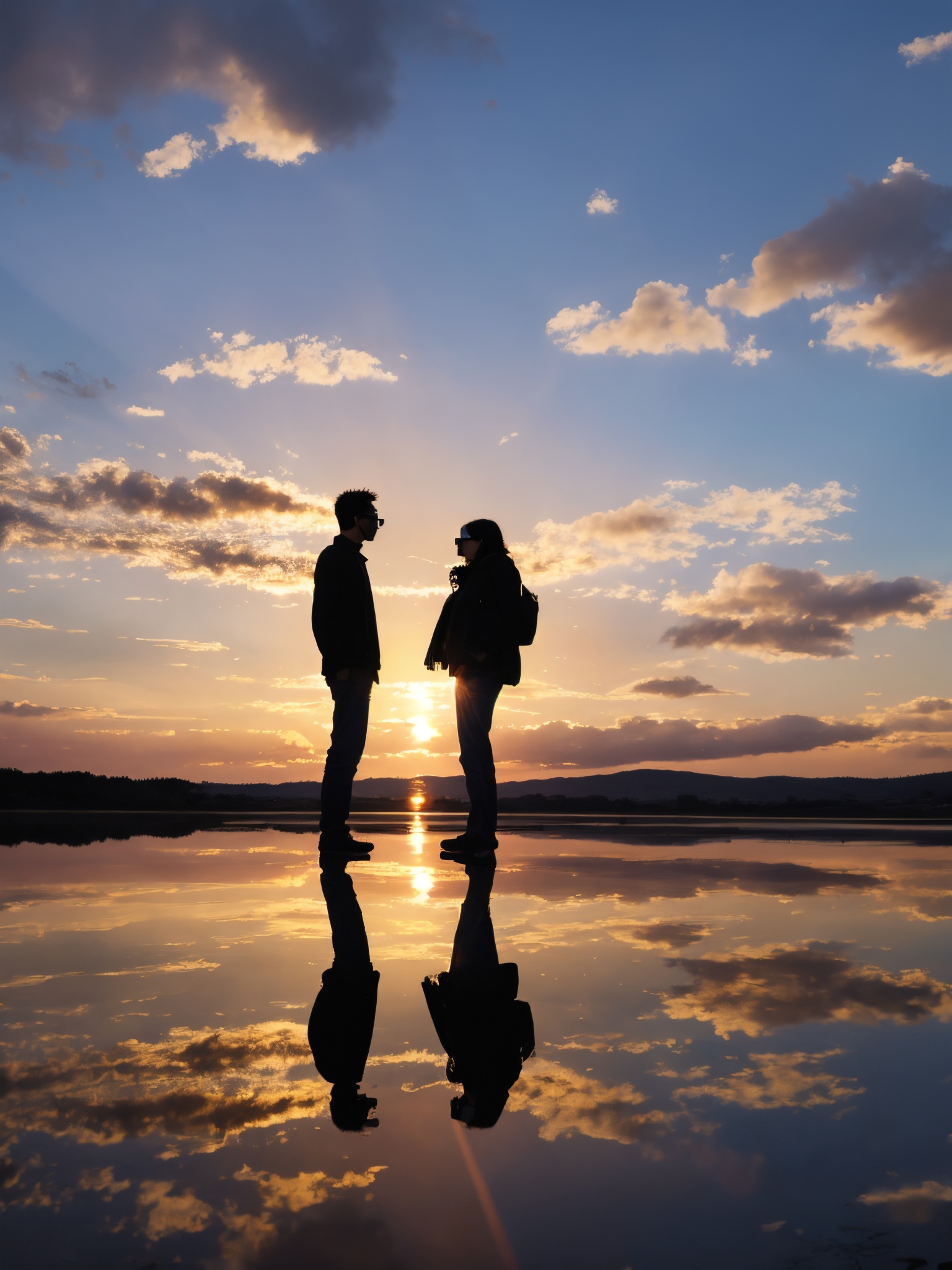 F-B-C, reflection, silhouette, two people reflecting into glasses, rayban glasses, sunset, clouds