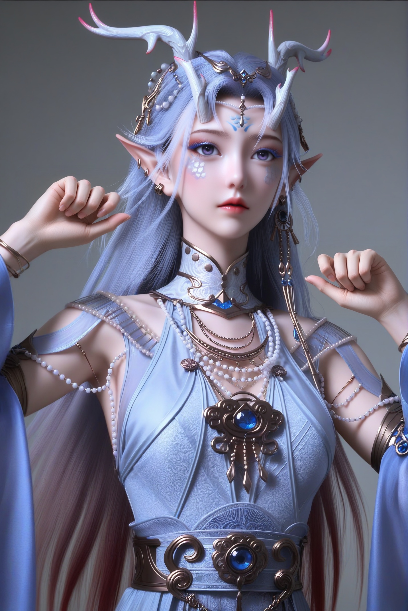 masterpiece,best quality,absurdres,highres,mature female,glamor,(slender:1.1),solo,<lora:念云-ill:0.85>,nianyun,long hair,silver hair,dragon horns,hair ornament,elf ears,dangling earrings,facial mark,forehead mark,ear piercing,eyeshadow,gradient hair,(blue yes),(purple_pupils),light blush,BREAKcollarbone,(narrow waist),blue gemstone,white pearls,high collar,layered necklace,fantasy dress,pearl necklace,collar gem,chest jewel,waist gem,waist belt,detached sleeves,light blue dress,looking at viewer,(front view),standing,upper body, (paw_pose:1.1),BREAK (white_skin:1.1),(fair_skin:1.1),simple background,white background,Volumetric Lighting,Cinematic Lighting,lens flare,Tyndall effect,