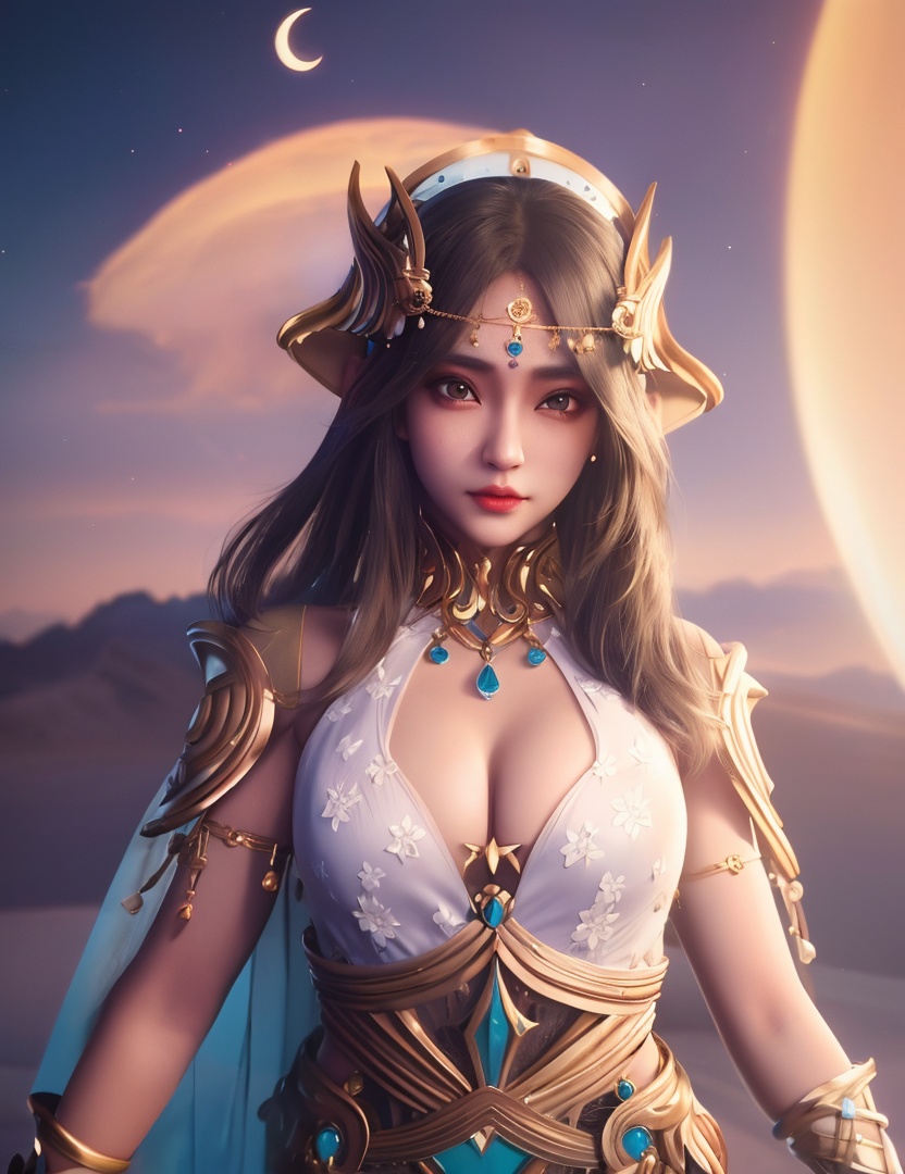 <lora:523-DA-神印王座-光明女神:0.8>(,1girl, ,best quality, ),looking at viewer,  ,,ultra detailed background,ultra detailed background,ultra realistic 8k cg, ,masterpiece, (( , )),, realistic,science fiction,mole, ultra realistic 8k cg, ,     ,crescent moon, jasmine \(flower\),     (cleavage), (),