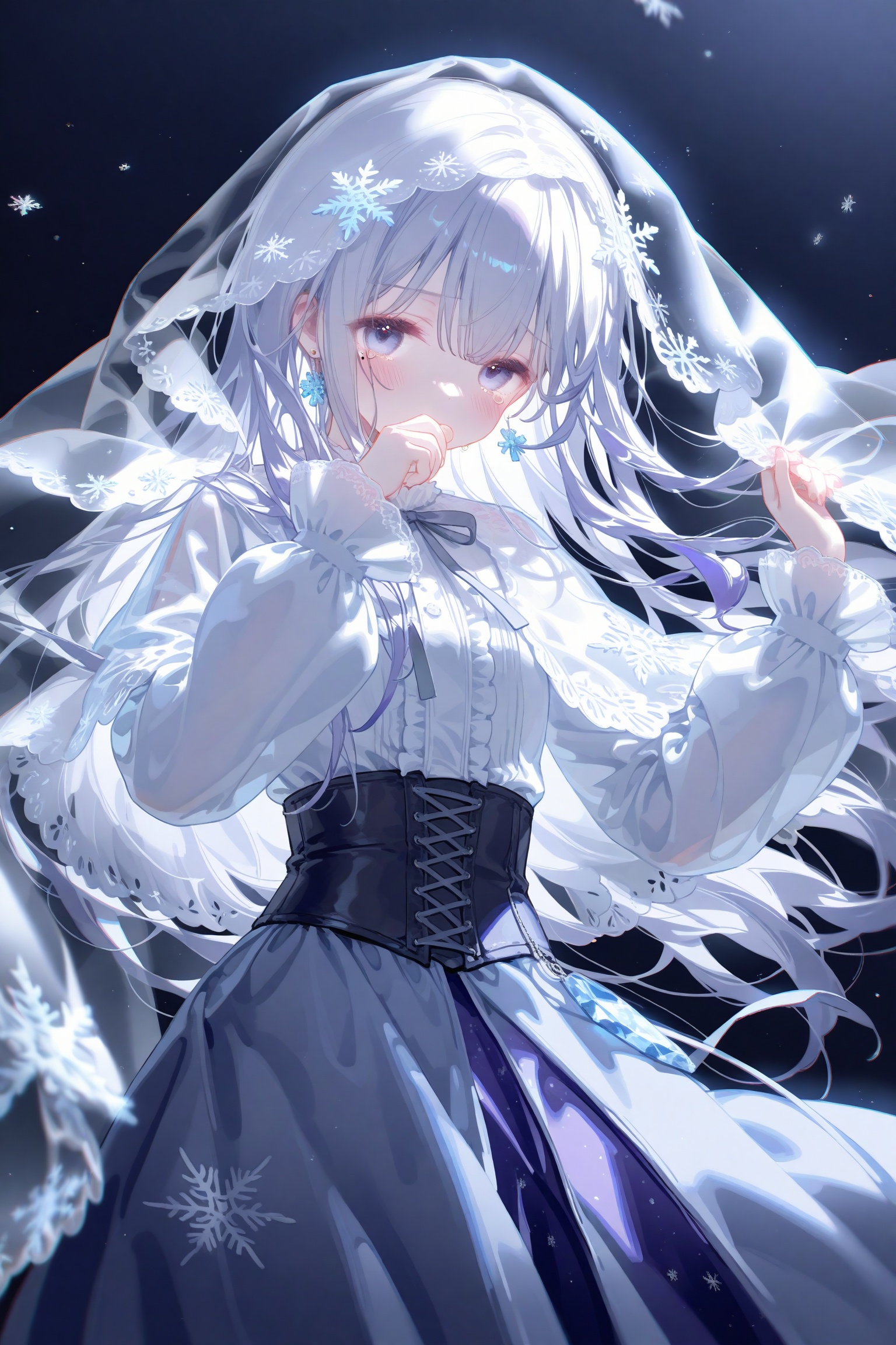 masterpiece,very aware,highres,absurdres,newest,best quality,loli,petite,high quality,chromatic_aberration,cinematic_angle,dutch angle,nyalia,//,artist:ciloranko,artist:ningen_mame,artist:sho_(sho_lwlw),artist:rhasta,artist:wlop,artist:ke-ta,artist:hiten \(hitenkei\),//,1girl,solo,long hair,long sleeves,looking at viewer,hair ornament,veil,skirt,snowflake hair ornament,shirt,center frills,frills,corset,white shirt,very long hair,blurry,blush,chromatic aberration,grey eyes,dress,hair between eyes,puffy long sleeves,white hair,neck ribbon,sleeves past wrists,black corset,depth of field,ribbon,see-through,grey hair,purple skirt,grey skirt,white theme,white ribbon,long skirt,tears,blue eyes,high-waist skirt,cross-laced clothes,hands up,purple hair,blurry foreground,hand on own face,floating hair,mole,white background,grey theme,dutch angle,closed mouth,blurry background,purple eyes,virtual youtuber,crying,light particles,puffy sleeves,album cover,frilled shirt,frilled sleeves,watermark,mole under eye,english text,covered mouth,jewelry,crying with eyes open,snowflakes,artist name,arms up,purple dress,grey ribbon,bow,white bow,flower,blue skirt,standing,capelet,cowboy shot,backlighting,grey nails,simple background,covering own mouth,hair flower,cover,hand up,earrings,wind,small breasts,snowflake print,blouse,smile,white veil,sidelocks,bowtie,expressionless,white eyes,hand on own cheek,blue theme,tearing up,