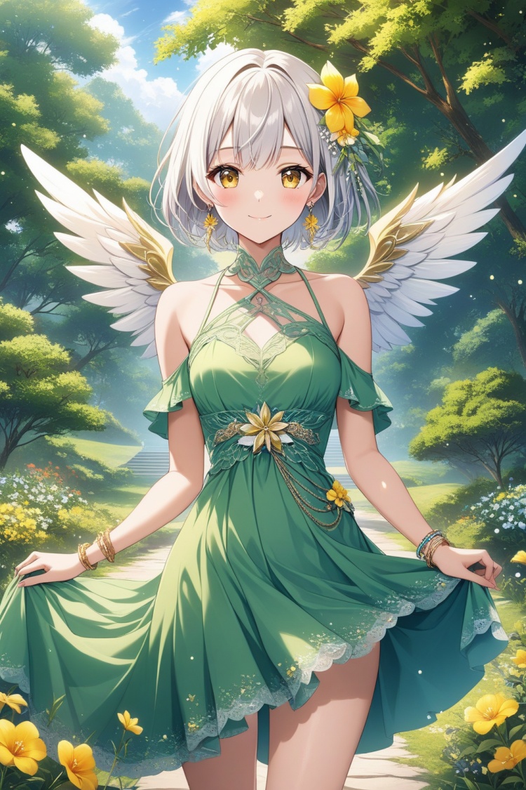 1girl, solo, breasts, looking at viewer, blush, smile, short hair, bangs, hair ornament, dress, bare shoulders, jewelry, closed mouth, standing, collarbone, yellow eyes, flower, white hair, cowboy shot, earrings, small breasts, outdoors, wings, sleeveless, hair flower, bracelet, tree, sleeveless dress, green dress, yellow flower, skirt hold