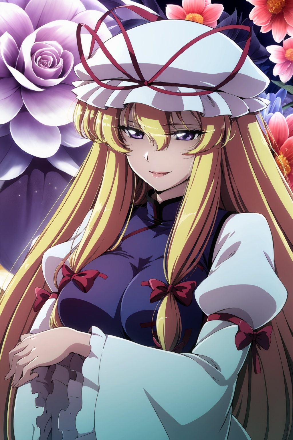 masterpiece, best quality, <lora:tgm-v2:1>,pixiv,  1girl, yakumo yukari, blonde hair, hat, floral background, solo, long hair, purple eyes, flower, tabard, ribbon, breasts, mob cap, arm ribbon, hat ribbon, large breasts, long sleeves, dress, looking at viewer, bow, hair bow, smile, white dress, puffy sleeves, hair between eyes, wide sleeves, bangs, parody, very long hair, sidelocks, frills, lips, red bow, hair ribbon, upper body, red ribbon, juliet sleeves, white headwear, pink flower