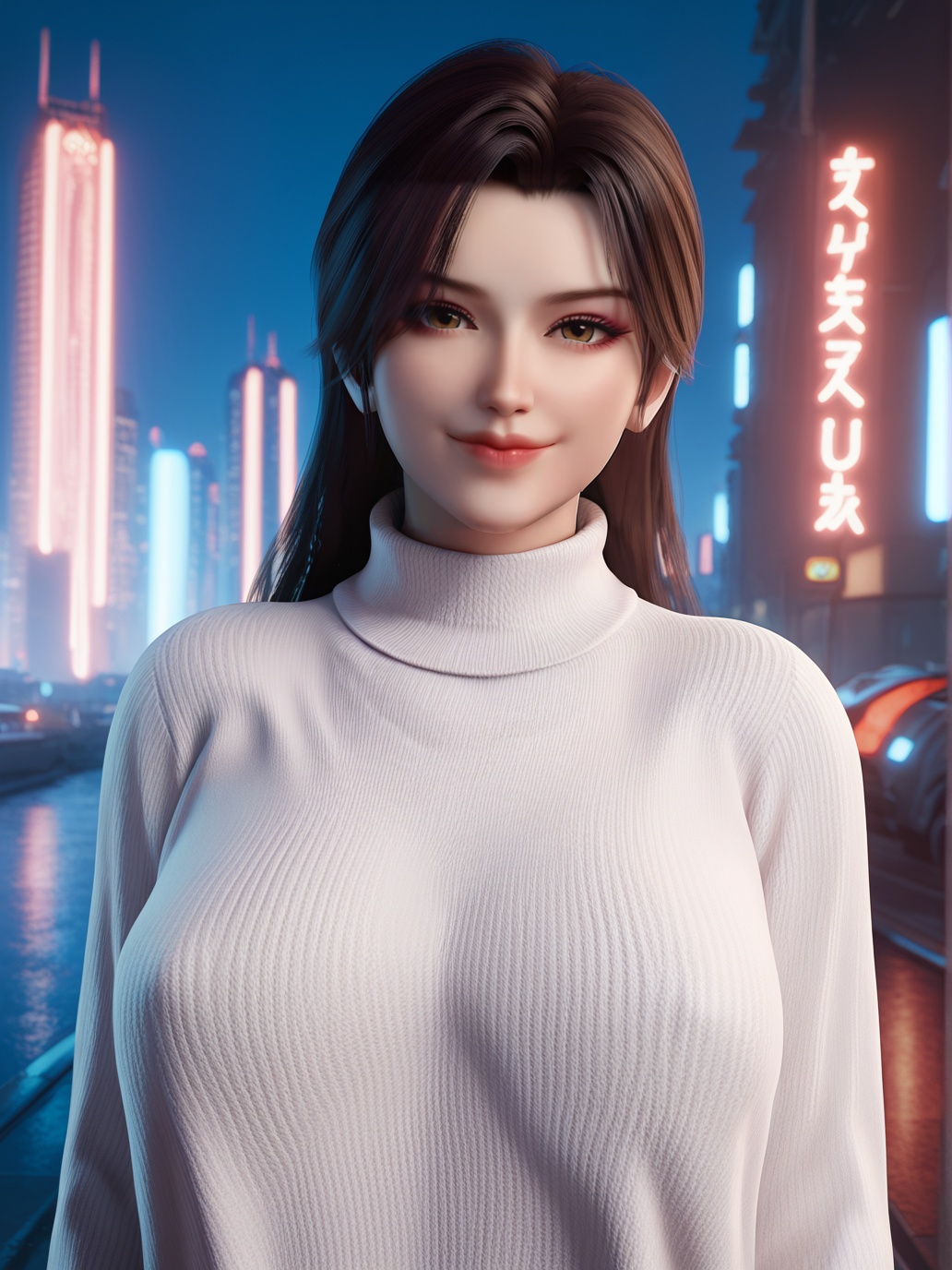 score_9,score_8_up,score_7_up,source_3d,1girl,solo,light smile,(white sweater:1.3),looking at viewer,outdoors,cityscape,neon trim,upper body,<lora:caoying:0.9>,caoying,