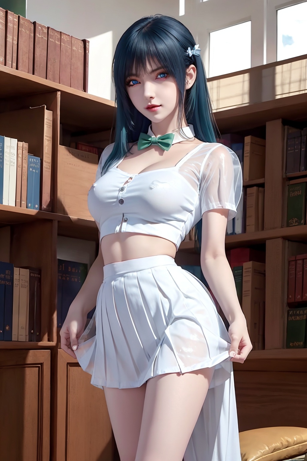 Masterpiece,high quality,beautiful wallpaper,16k,animation,illustration,positive perspective,perfect body,complete body,detailed face,delicate features,(solo:1.2),((1girl)),thin,sexy,(medium to large breasts :1.2),(tall body),high height,(skirt lift:1.5),(in the library :1.5),(in front of the bookshelf :1.2),smile,(transparent white jk dress :1.4),(short sleeved, bare midriff :1.3),(transparent dress :1.6),(black ultra-short pleated skirt :1.3),(white over knee socks),(blue and white striped briefs :1.1),Bow on underwear,(long hair),(alternate hair color),(blue hair | green hair),(colored inner hair),small black leather shoes,red bow tie,black leather collar,/(blue underwear /),(red eyes | blue eyes :1:1.4),(Glowing eyes :1.2),<lora:QILIN_20240413221153-000004:0.8>,
