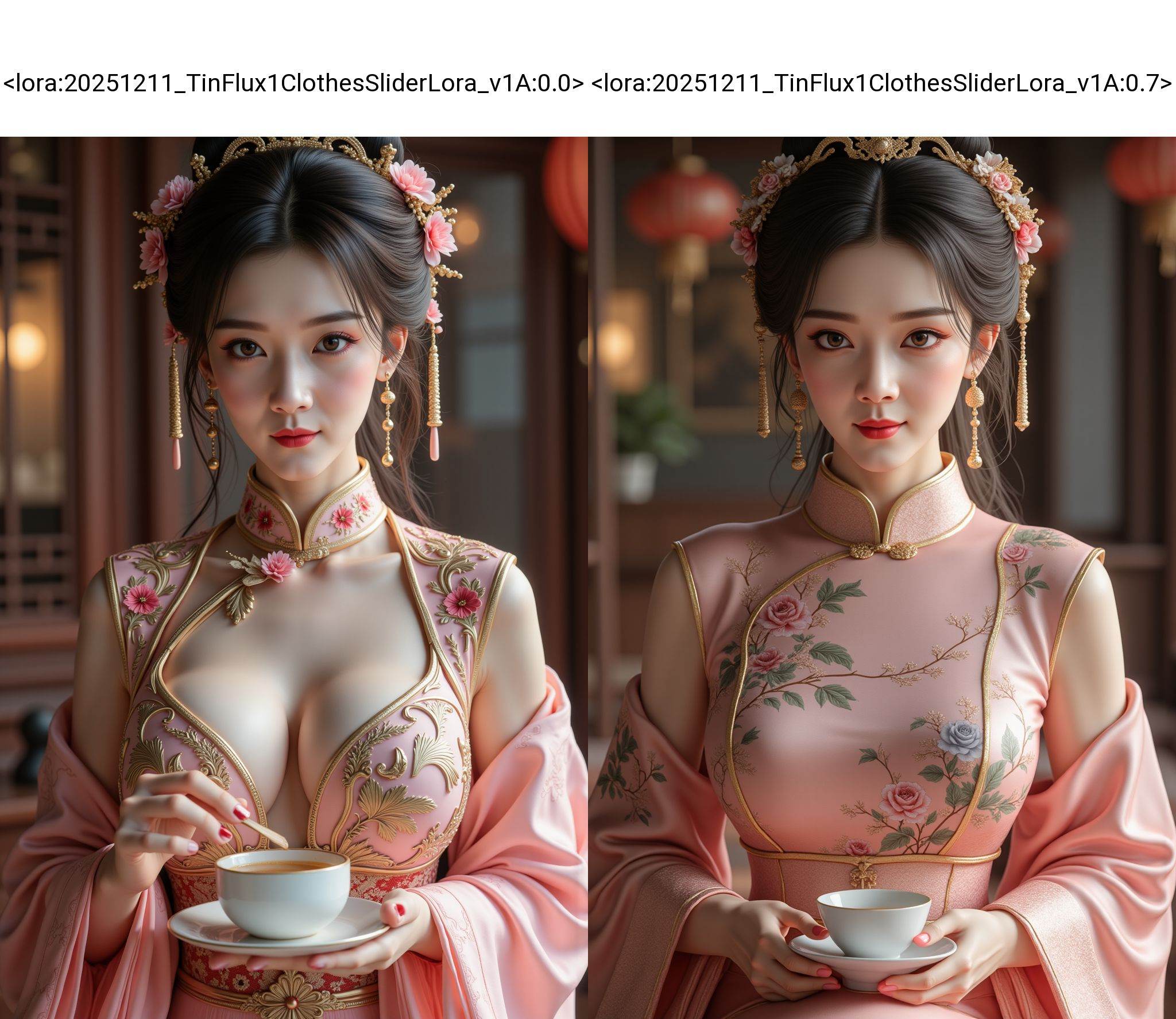 The top tall and sexy goddess has slender willow-leaf eyebrows, peach blossom eyes, plump and thick eyebrows. The eyes and eyes convey emotions, which are very charming. She was wearing a gorgeous sexy silk cheongsam, with a grand hairstyle. Her skin was as fair as jade, her facial features were delicate and three-dimensional, high-end and atmospheric. Her eyes were lively, as if she could attract people's hearts. She sat in a top luxury teahouse to drink tea. She was dignified and elegant. She sat in an elegant posture. The light and shadow effect created a dreamy atmosphere, ultra-high-definition details, extremely realistic, 4K ultra-clear. The clothes were loose and many scenes. Multiple hairstyles. There were multiple postures. The work of the master of the close-up shot.<lora:20251211_TinFlux1ClothesSliderLora_v1A:0.0>