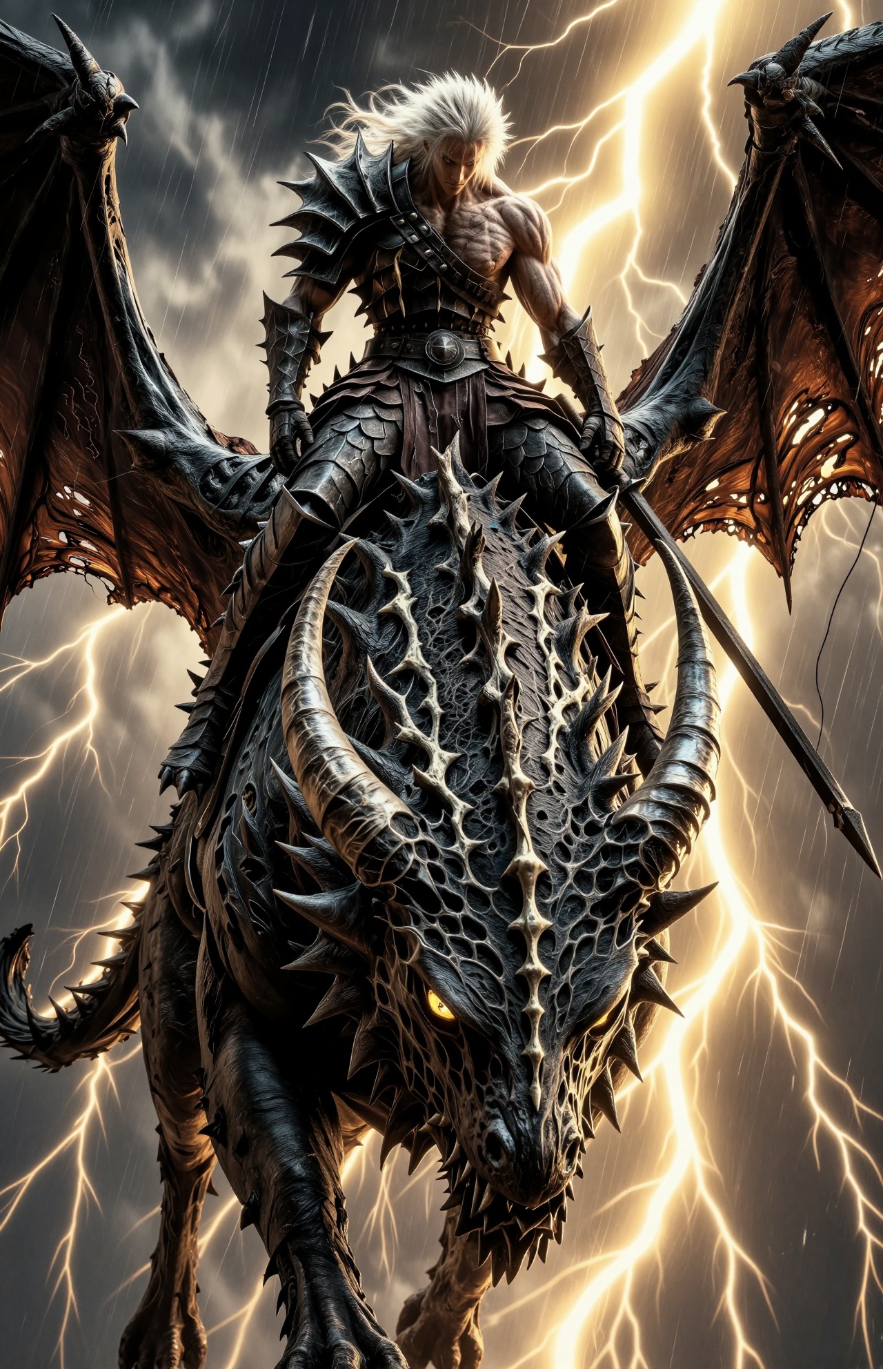YY Anime style,这是一件非常详细的数字艺术品，描绘了一个黑暗的幻想场景。中心人物是一位长着狂野白发、肌肉发达的男性战士。他身穿破旧的深色盔甲，似乎是由皮革和金属制成的，上面有错综复杂的骨头状设计。他的背对着观众，展示了他宽阔的肩膀和强壮的体格。他骑着一个巨大的、龙一样的生物，它有着部分撕裂和烧焦的黑色皮革翅膀。这种生物的头上装饰着巨大的弯曲角，它的眼睛闪烁着危险的黄色光芒。背景是暴风雨、多云的天空，明亮的锯齿状闪电在战士和生物周围噼啪作响，投射出戏剧性的金色光芒。雨下得很大，增加了场景的强度。战士右手挥舞着一把大而扭曲的剑，部分可见。盔甲和生物皮肤的纹理非常精细，粗糙、锯齿状的表面增加了整体的黑暗和不祥的气氛。灯光的组合和使用创造了一种动态而强烈的视觉效果，强调了战士和他的坐骑的力量和凶猛。整体风格让人联想到高幻想和黑暗史诗艺术，注重戏剧性的对比和细节的纹理。