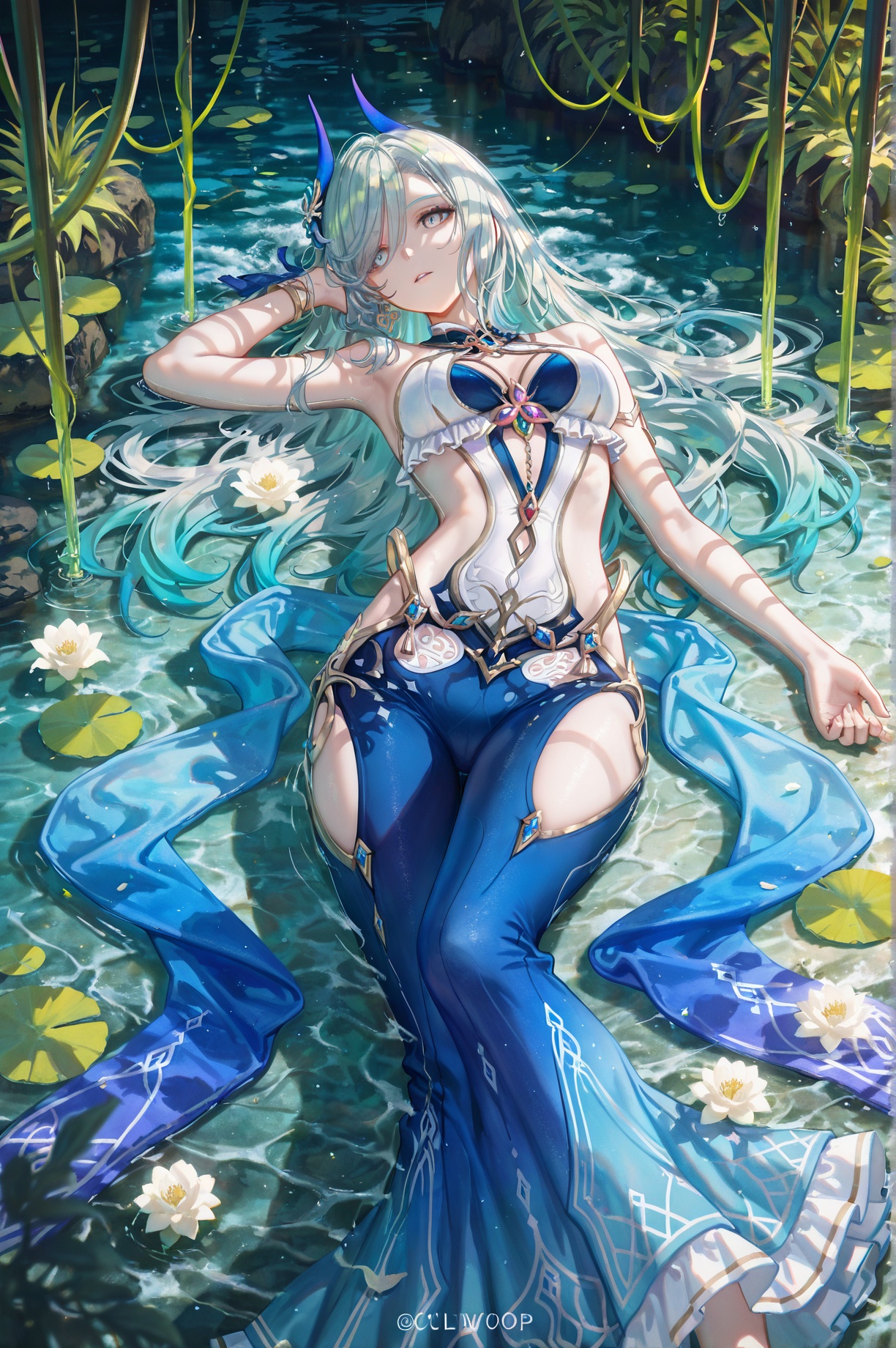 8k,best quality,masterpiece,(ultra-detailed),(high detailed skin),((artist:reoen),(artist:fuzichoco),(artist:atdan),(artist:torino_aqua),year 2024:0.8)1girl,[artist:wlop],[artist:ningen_mame],artist:ciloranko,[[artist:rhasta]],artist:tidsean,colorful,jijia,2d,ambient light,8k,best quality,masterpiece,(ultra-detailed),(high detailed skin),((artist:reoen),(artist:fuzichoco),(artist:atdan),(artist:torino_aqua),year 2024:0.8)1girl,[artist:wlop],[artist:ningen_mame],artist:ciloranko,[[artist:rhasta]],artist:tidsean,colorful,jijia,2d,ambient light,nude,surreal,emotionally charged portrait titled "Opheliaâ€™s Dream",ultra photorealistic with painterly oil texture,1girl,lying motionless and adrift in symbolic decay,dead with vacant eyes half-lidded,pallid skin tinged with blue undertones,lips parted slightly in cold stillness,face half-lit in mournful shadow,surrounded by rotting floral motifsâ€”wilted lilies,blackened roses,and mossy vinesâ€”submerged in slow-moving dark water,soaked hair spread like river weeds,gown clinging like burial shroud,rendered in low-saturation vintage photography style layered with soft grunge textures and retro film grain,dramatic top lighting casting ghostly highlights,canvas-like finish with visible brush strokes,inspired by Anders Zornâ€™s melancholic depth,Marco Mazzoniâ€™s decaying flora,Todd McFarlaneâ€™s sinister edge,Aleksi Briclotâ€™s gothic surrealism,and Yuri Ivanovichâ€™s classical oil realism,cinematic visual storytelling drenched in dreamlike decay and silent grief,shenhe \(genshin impact\),grey hair,<lora:mobius-ill-Tanger:0.8>,mobius,mobius's swimsuit,1girl,breasts,blue dress,blue horn hair ornaments,
