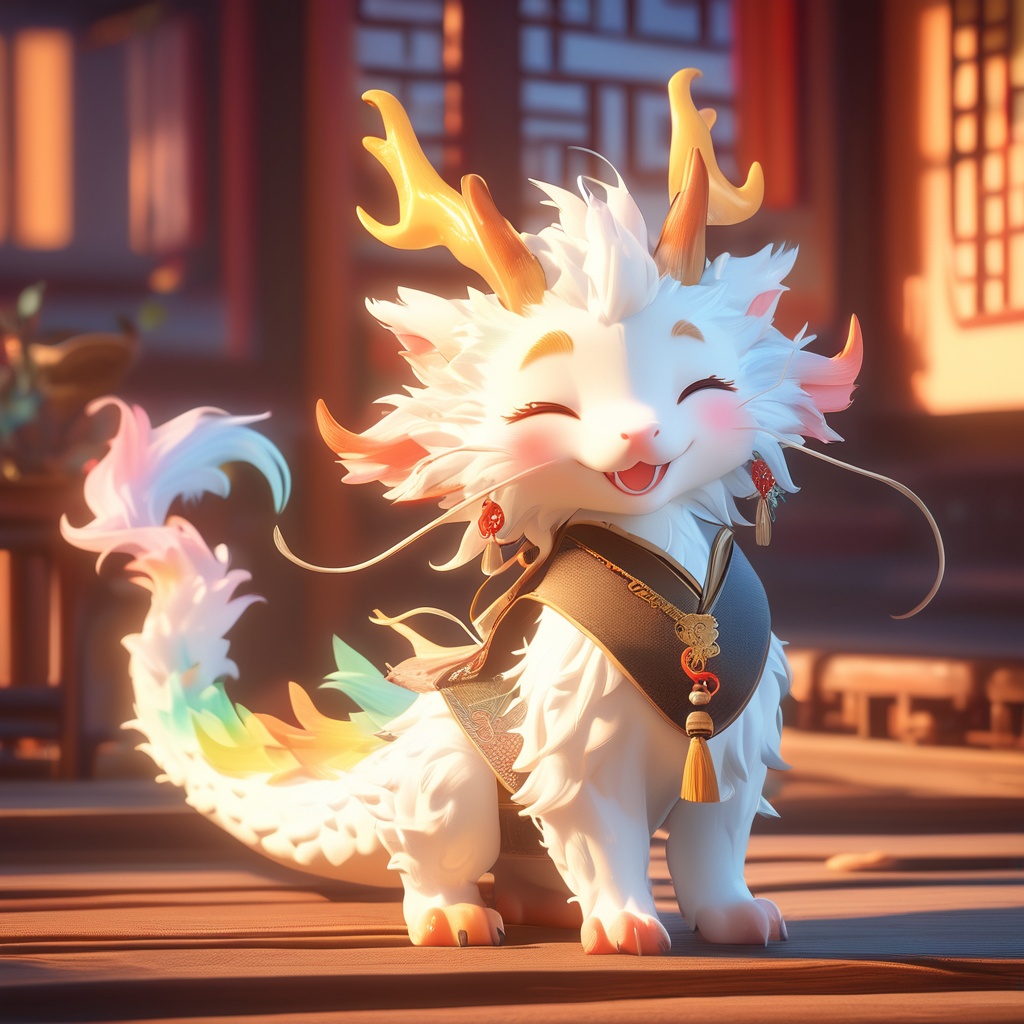 eastern dragon,soft lighting,whimsy and dramatic lighting,warm colors,mf-movie-filter,cc-color-correction,cute,sunset,sunlight,eastern dragon boy,clothed eastern dragon,dragon horns,horns,east asian architecture,no humans,closed eyes,blurry background,solo,fangs,blurry,jewelry,indoors,earrings,tassel,animalization,blush,tail,open mouth,antlers,full body,tassel earrings,whiskers,standing,smile,<lora:dragon_baby_xl:0.8>,