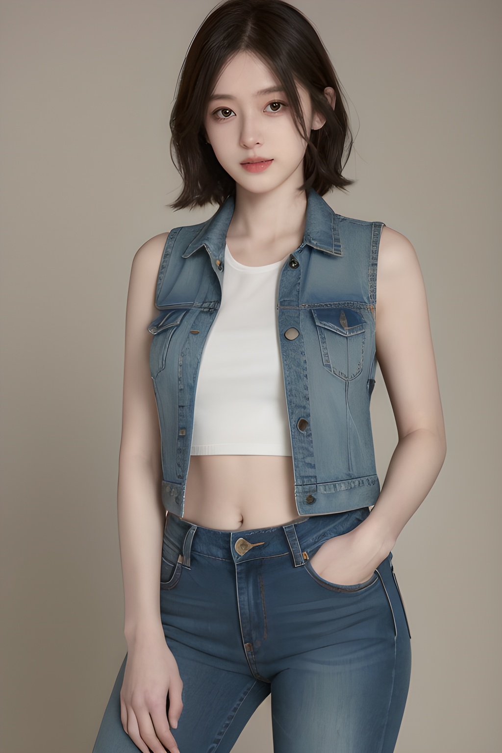 <lora:0826_10:0.7>(Best quality, masterpiece, ultra high res:1.2),photorealistic,raw photo,unity 8k wallpaper,cowboy shot,traffic light,1girl,cutoff jeans,denim vest,navel,hand in pockets, short hair,, 1girl,realistic,masterpiece, best quality, photorealistic, HDR,detail