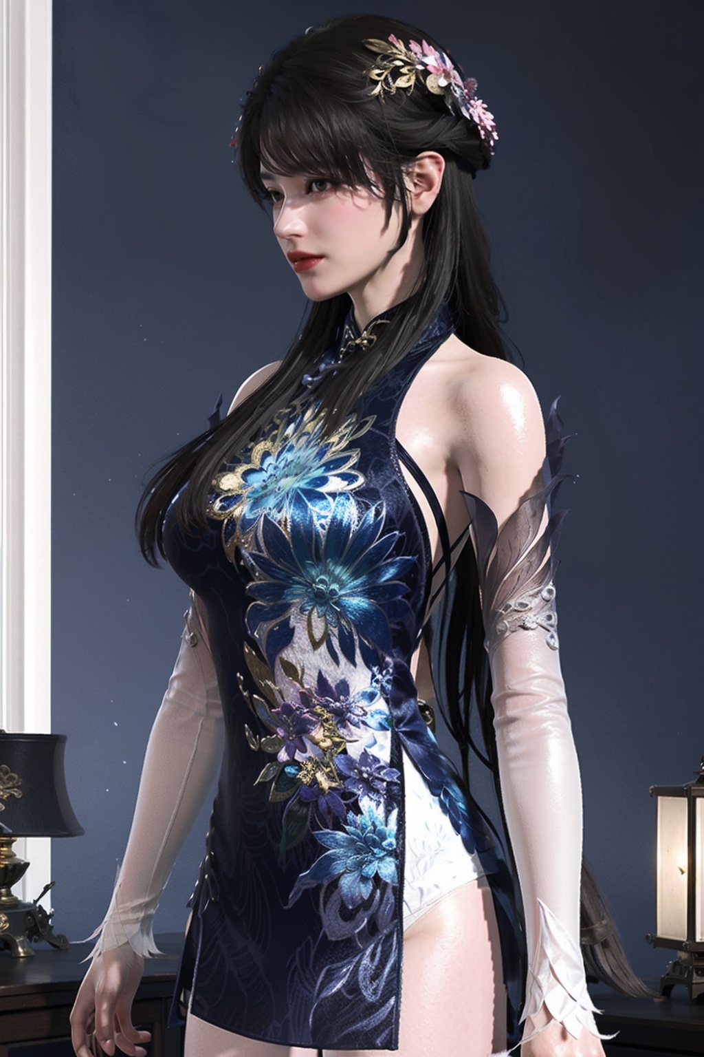 Best quality, masterpiece, ultra high res, (photorealistic:1.4), raw photo, 1girl, Golden hour makes everything warm and romantic, golden hour, hazy glow, 1 girl, bedroom, (huge breasts:1.1), cheongsam, <lora:yzp_20230804113913-000004:0.9>,