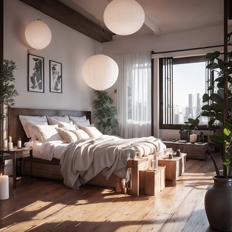 jianzhu, bedroom, bed, nightstand, lamp, painting, plants, window, curtains, rug, vase, candle, wood, floor, ceiling, lighting, interior design, architecture, perspective, depth of field, focus, blur, color, texture, material, realism, photorealism, render, 3D<lora:jianzhu-000009:0.8>