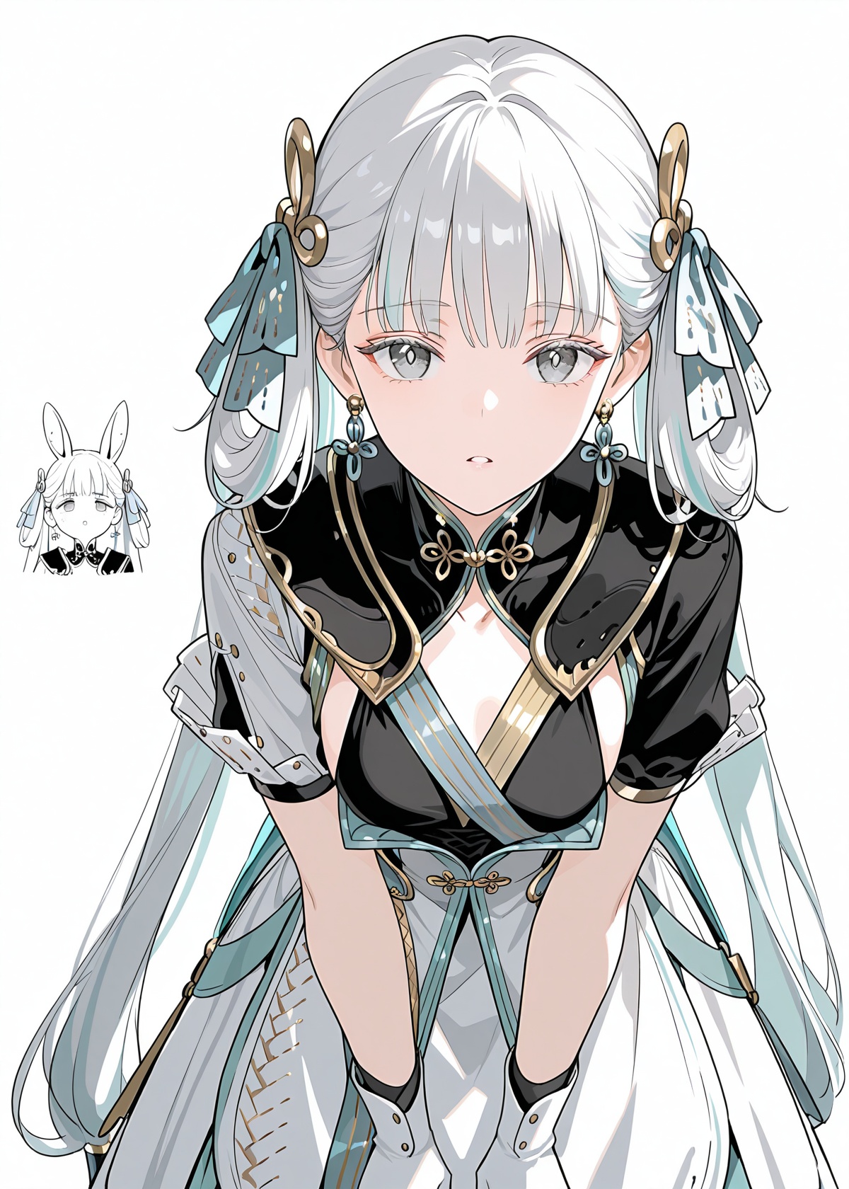Jinhsi,Jinhsi,Simple Flat Coloring,sketch,line,simple background,white background,1girl,solo,Character front,maid costumes,gloves,wake,ornament,looking at viewer,black dress,White apron,simple background,rabbit,solo,white gloves,parted lips,collarbone,standing,leaning forward,face detail,masterpiece,best quality,absurdres,very aesthetic,collarbone,masterpiece,best quality,amazing quality,very aesthetic,absurdres,newest