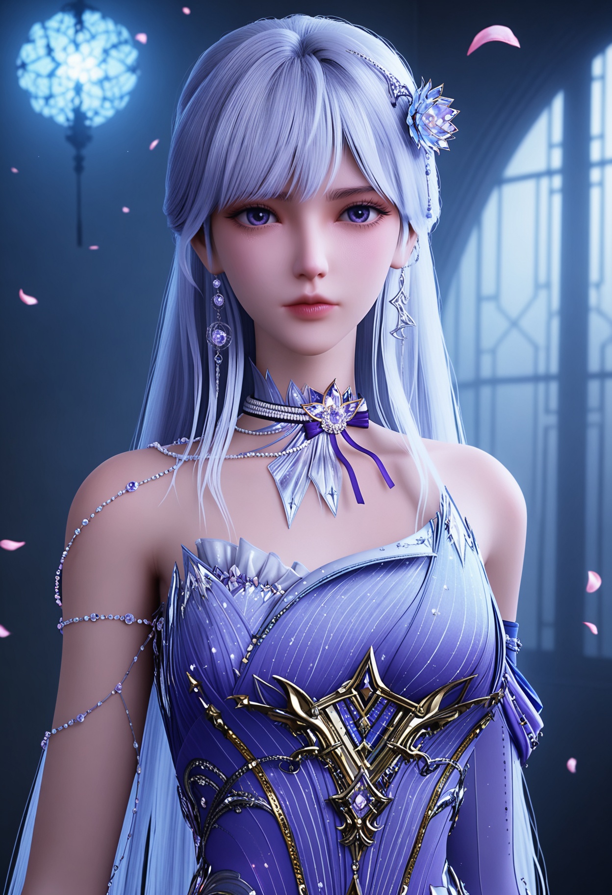 (upper_body:1.2),(looking at viewer:1.1),facing viewer,direct gaze,(masterpiece:1.1),(best quality:1.2),(intricate details),(smog:1.3),(Dark room:1.3),(dim lighting:1.3),peach blossom,falling petals,<lora:YQ_Illustrious光辉v5_圣采儿_服装6_V1:0.8>,1girl,q1528437228,solo,long hair,jewelry,hair ornament,earrings,dress,purple eyes,white hair,choker,high heels,necklace,blue hair,blue eyes,purple hair,masterpiece,(best quality),(intricate details:0.9) BREAK (intricate details:0.9),(realistic skin:1.2),masterpiece,best quality,newest,absurdres,hiahres,