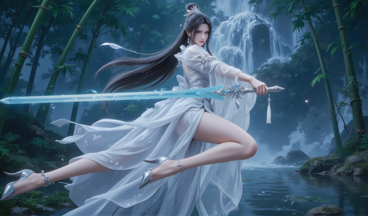 <lora:剑仙陆雪琪·重练·7:1.1>,luxueqi,1girl,sword,weapon,dress,white dress,bamboo,solo,long hair,waterfall,black hair,holding sword,jewelry,night,leg up,bare legs,holding weapon,high heels,holding,bamboo forest,hair ornament,forest,water,nature,tree,forehead mark,hair bun,bracelet,facial mark,earrings,outdoors,reverse grip,38,cover,gradient background,close-up details,outstanding style,adding a touch of dimension to your images without compromising details,close-up,<lora:DJ滤镜_2.5D版:0.3>,lvjing,<lora:油画唯美滤镜15:0.2>,baoshi,