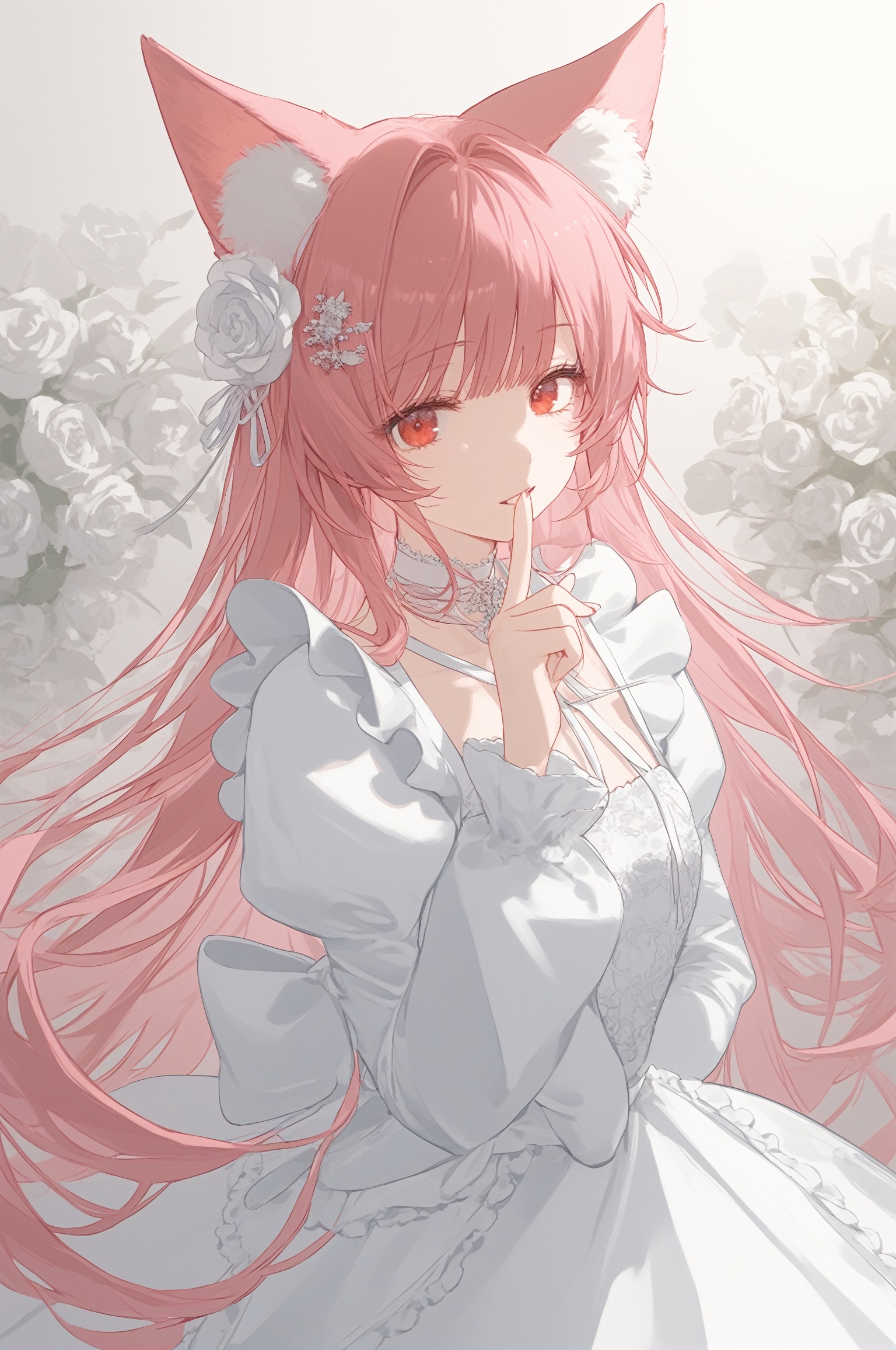 1girl, solo, long hair, looking at viewer, bangs, hair ornament, red eyes, long sleeves, dress, bow, animal ears, very long hair, pink hair, flower, parted lips, choker, puffy sleeves, hair flower, white dress, animal ear fluff, white flower, index finger raised, finger to mouth, white rose, chess piece, shushing