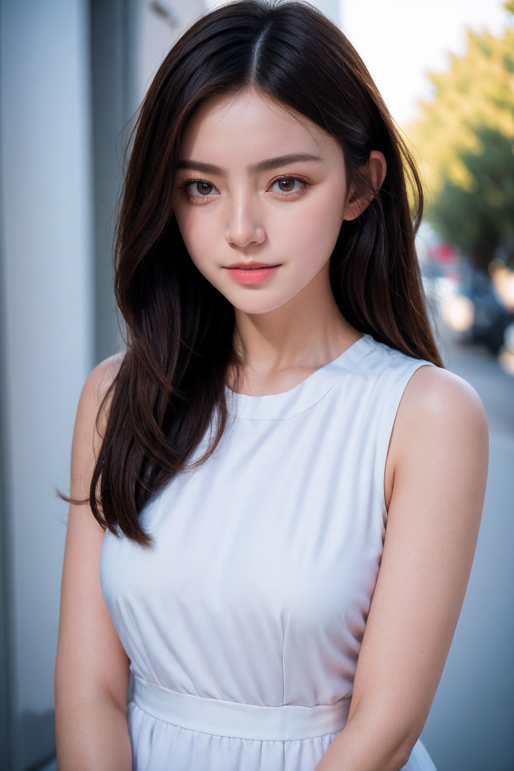 <lora:AgainWomanA1:1>,1girl,portrait,outdoors,white dress,