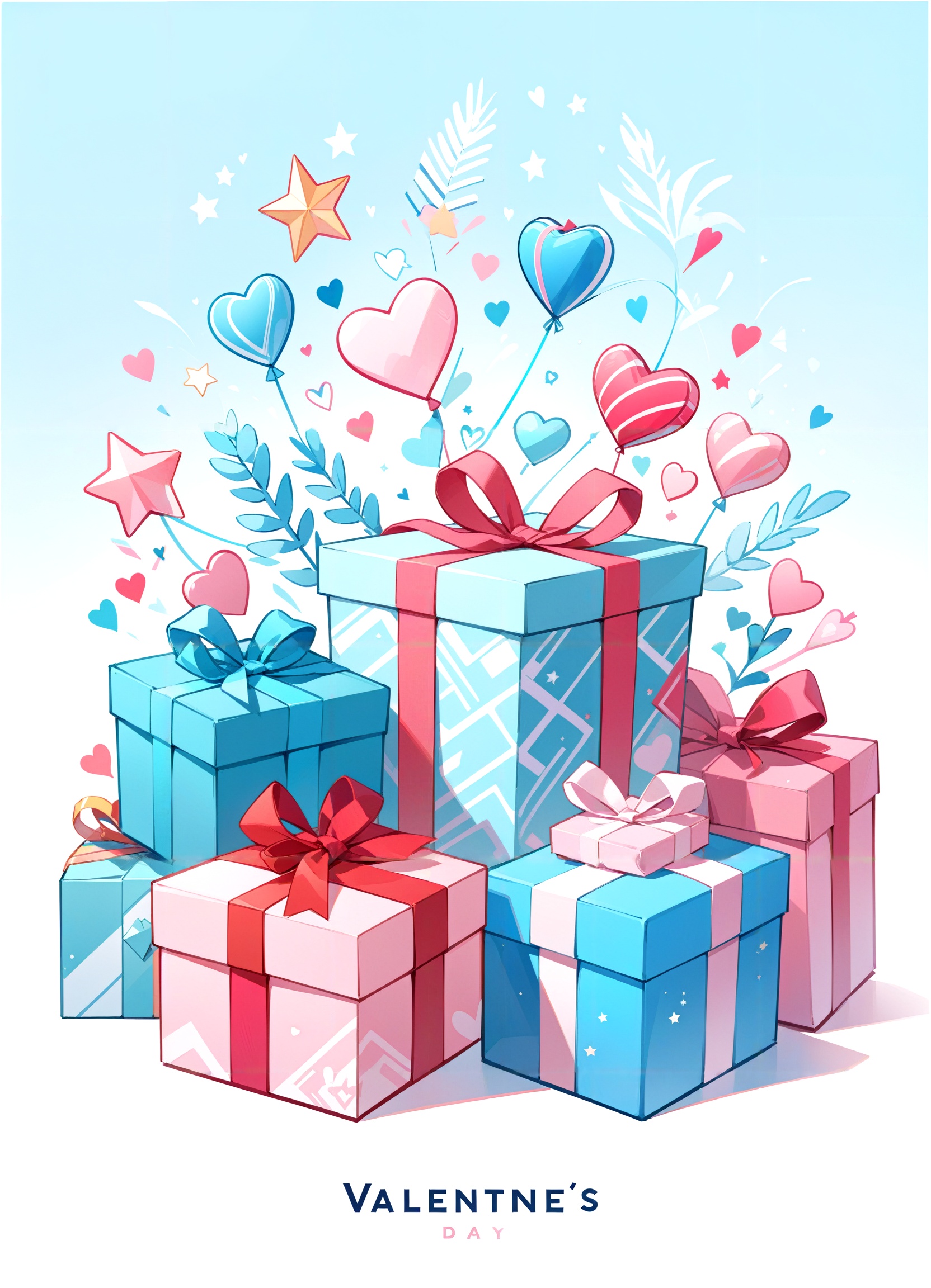 Valentine's Day illustration, flat drawing,simple drawing,minimalism,pastel background, festive, holiday theme, abstract ornaments, graphical elements, gift boxes, simple design, modern style, visual design, vivid color palette, textured surface, celebration concept, decorative pattern, seasonal decoration,stylized heart and star decoration,pink and blue tone color