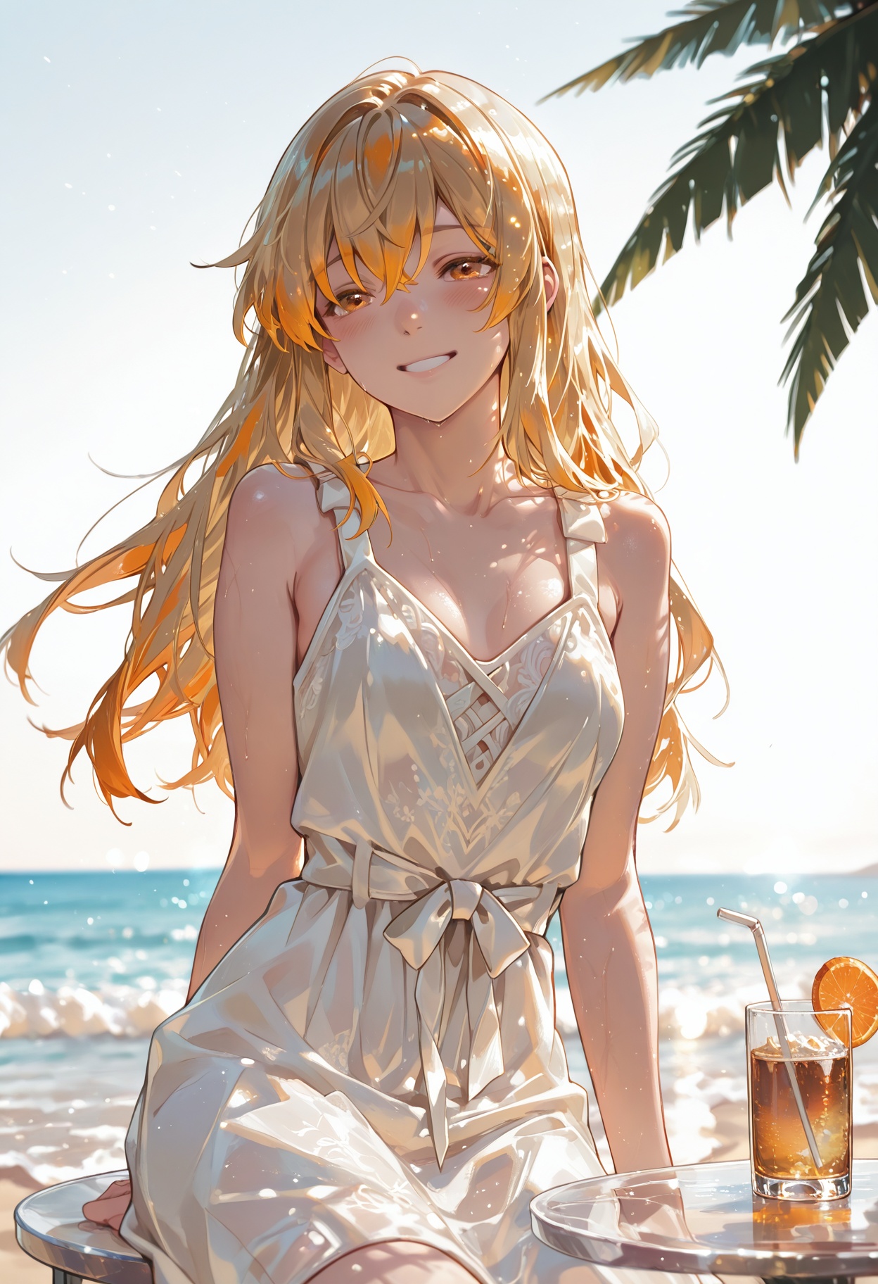 a transparent glass on the table,  a sunset beach beyond the glass,  a woman sitting on the beach. Palm trees on Tensor.Art