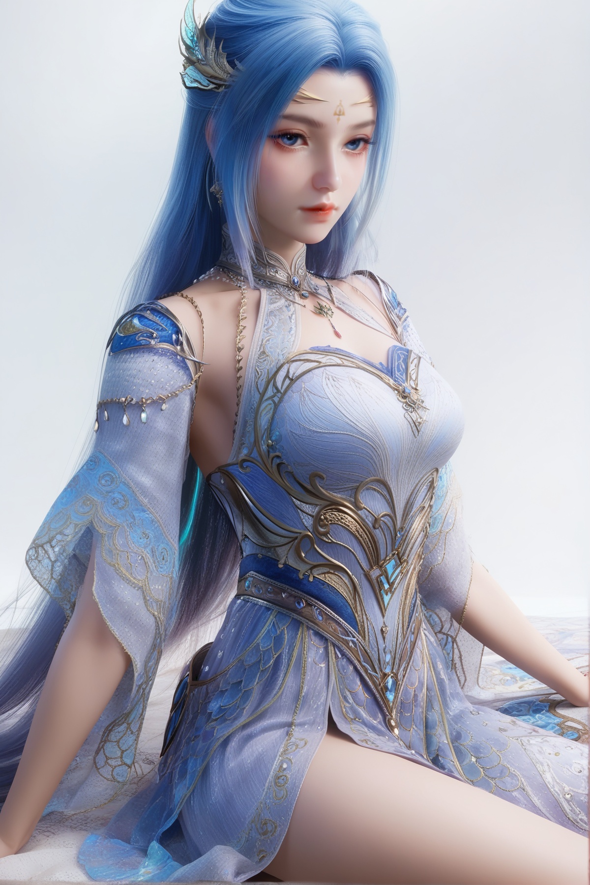 score_9,score_8_up,score_7_up,<lora:wy_tangwutong_x_XL7.0:0.8>,1girl,long hair,breast,medium breast,hair_ornament,dress,blue eyes,blue hair,multicolored hair,forehead mark,simple background,white_background,cowboy_shot,white_dress,sitting,thick_thighs,between_breasts,from_above,
