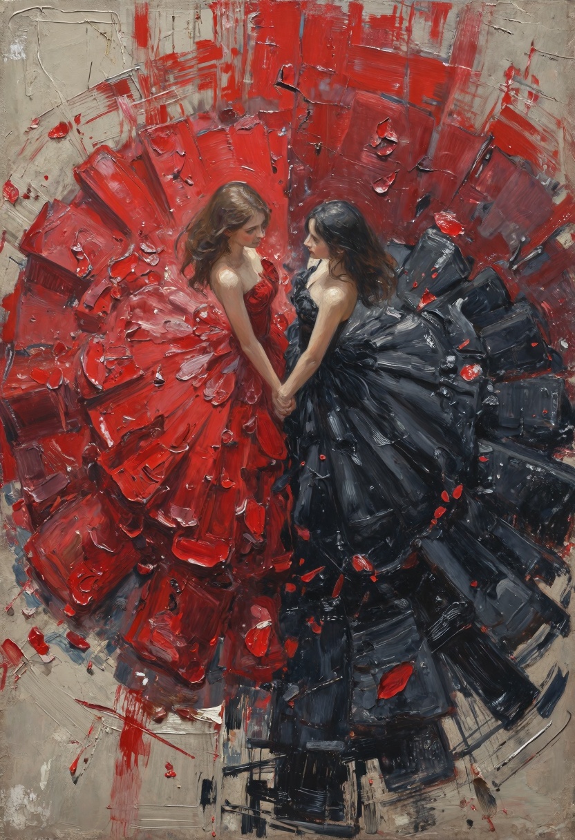 Highly detailed oil painting in an overhead view. Thick impasto texture with expressive directional brushstrokes and scrap...