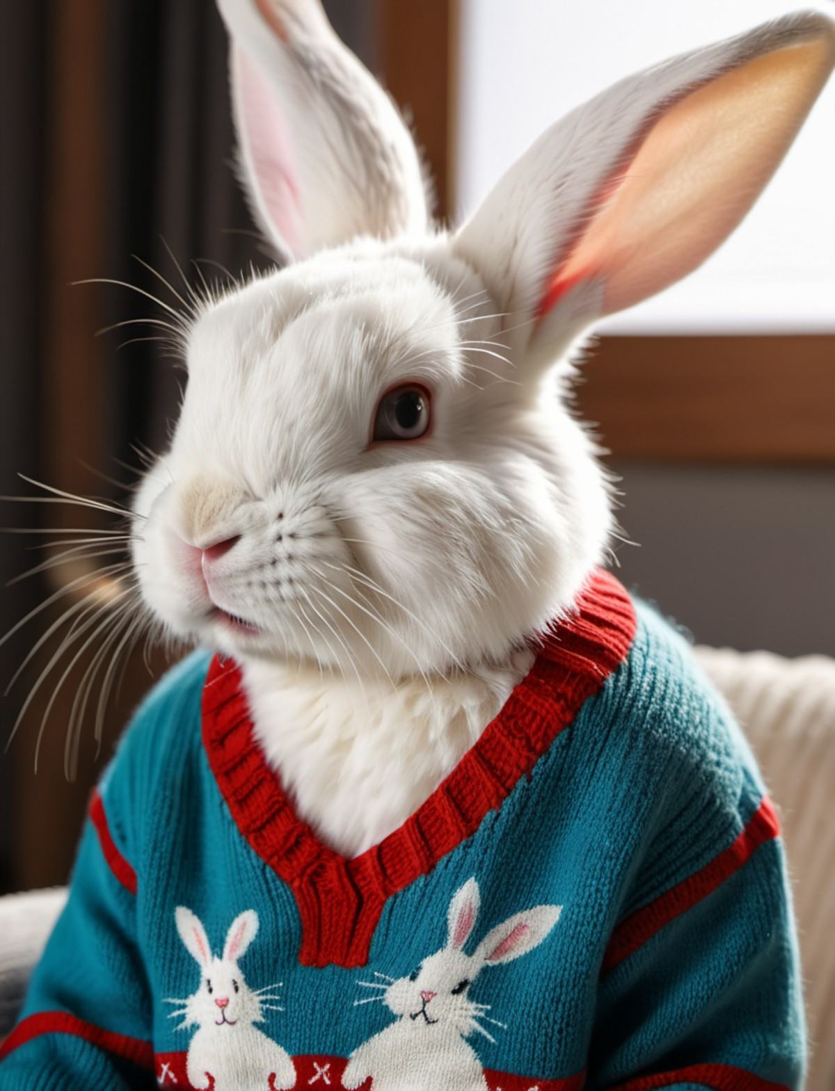 a tired cartoon albino rabbit in a sweater.,  8k uhd,  dslr on Tensor.Art