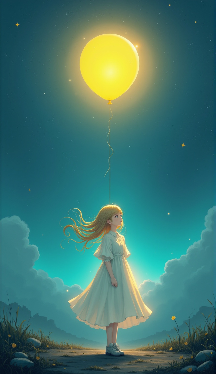 Emotion,fog,dreamy surrealism,an illuminated globe,ethereal light and stars,an ethereal yellow balloon that floats above her