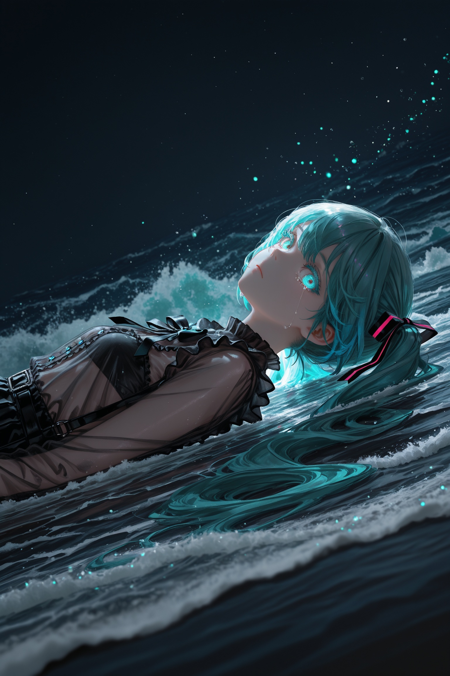 by lack|fuzichoco|lam|kinta \(distortion\)|wlop|quasarcake|nixeu,dark theme, black background, bioluminescence, phytoplankton, ocean, waves, scenery, 1girl, partially submerged, aqua eyes, cyan glow, glowing, glowing eyes, see-through shirt, crying with eyes open, looking at viewer, expressionless, colored eyelashes, jirai kei, hatsune miku, twintails, on back, from side, masterpiece, best quality, very aesthetic, absurdres